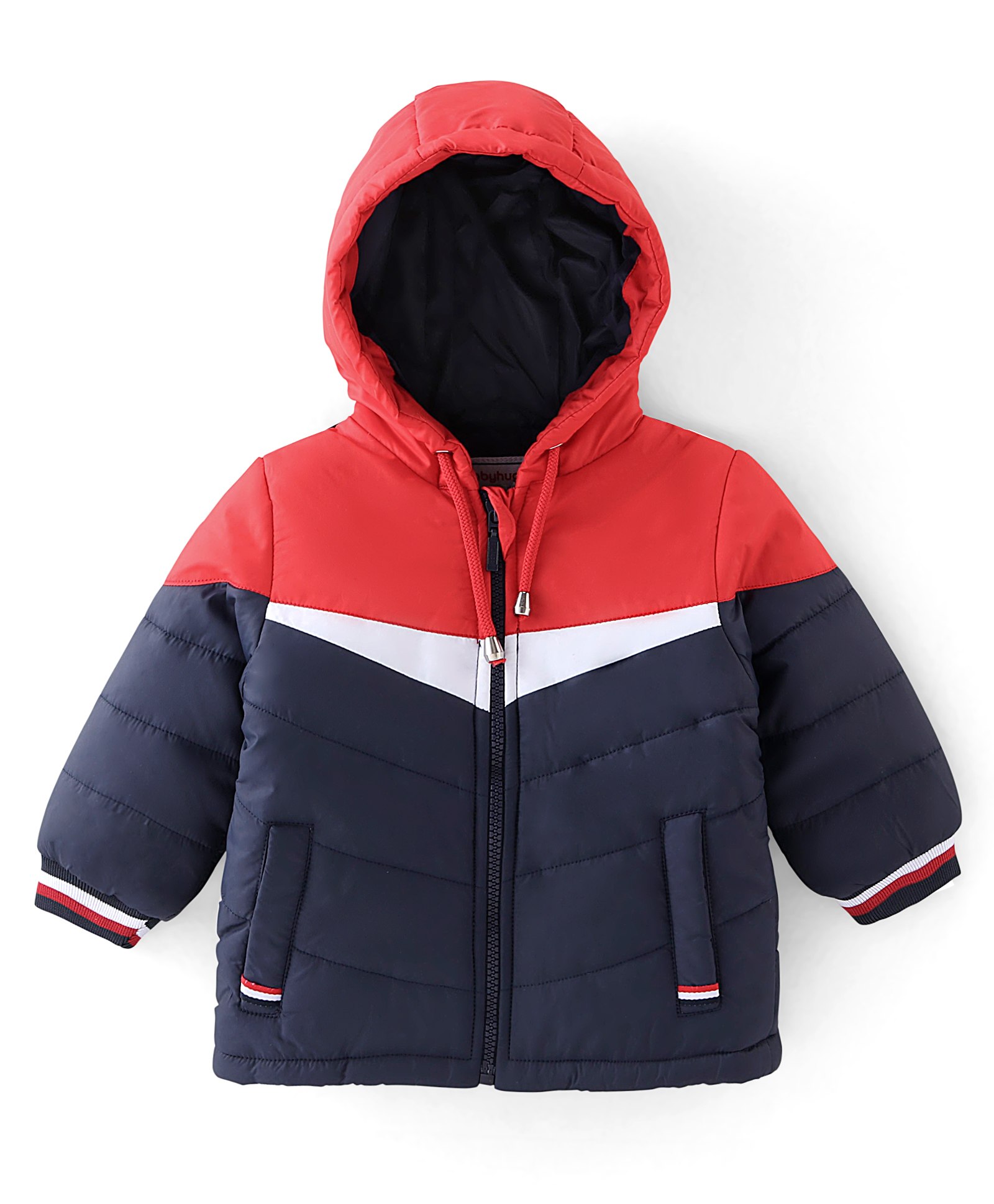 Babyhug Woven Full Sleeves Hooded Jacket With Solid Colour - Red White & Blue-image-31
