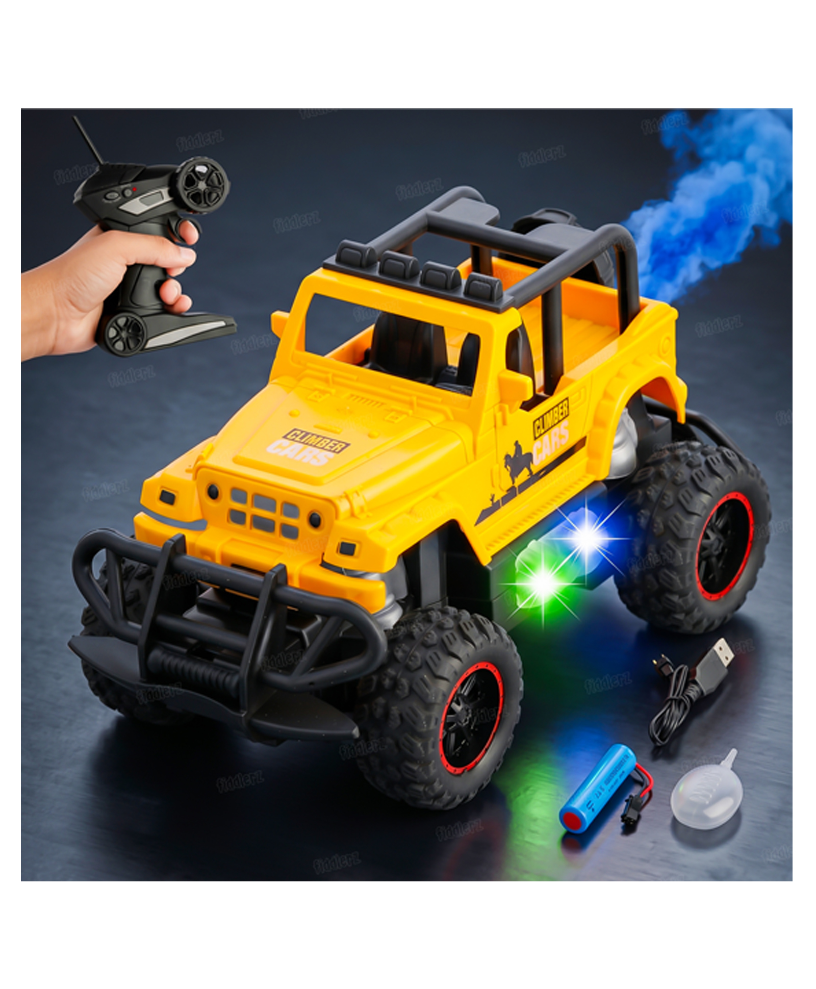 Fiddlerz Remote Control Car for Kids with Mist Smoke Effect 2WD Monster Truck Rock Crawler Climbing RC Toy Car for Boys and Girls-Yellow-image-48