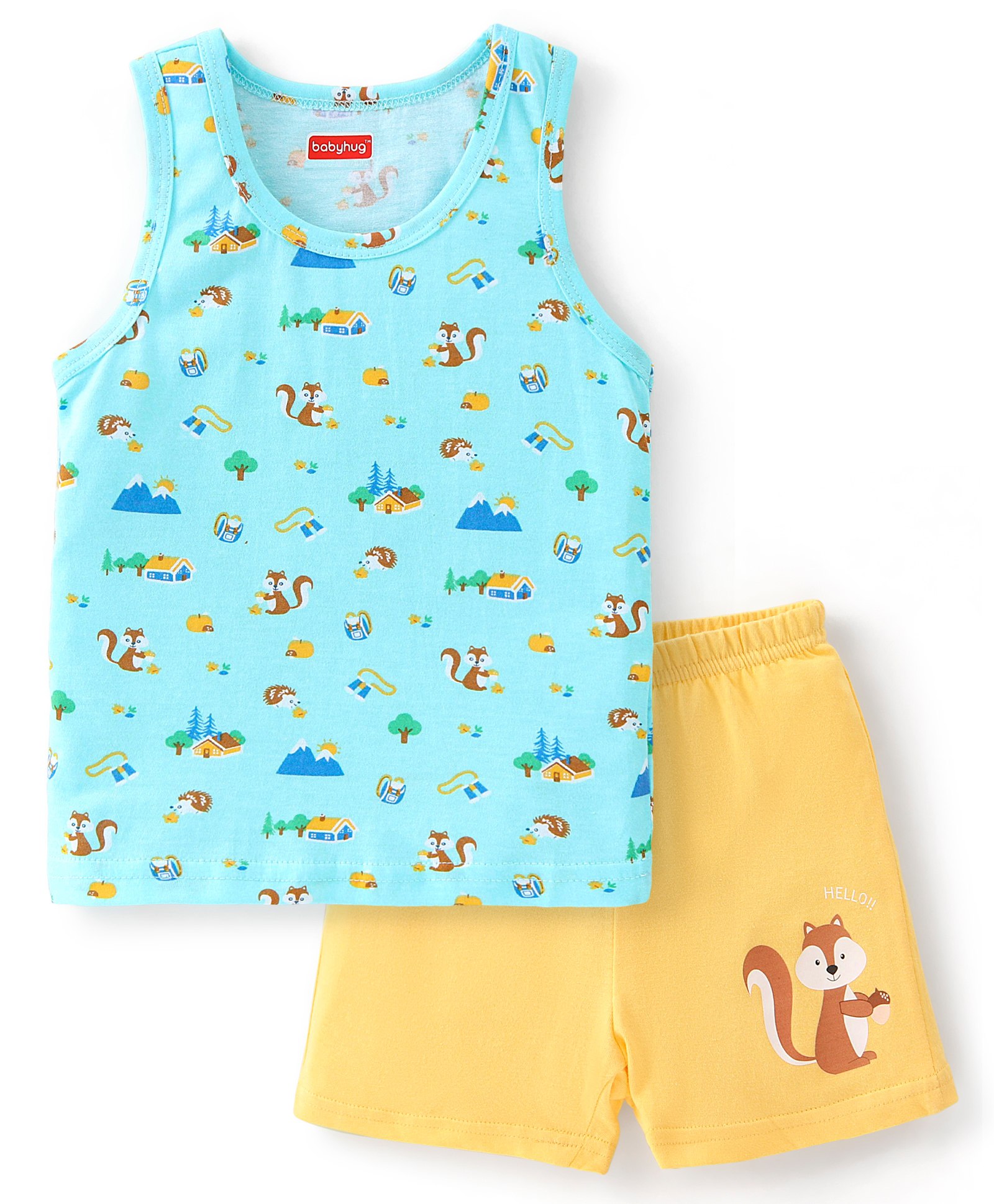 Babyhug 100% Cotton Knit Sleeveless Squirrel Print Sando & Shorts Set - Multicolour-image-33
