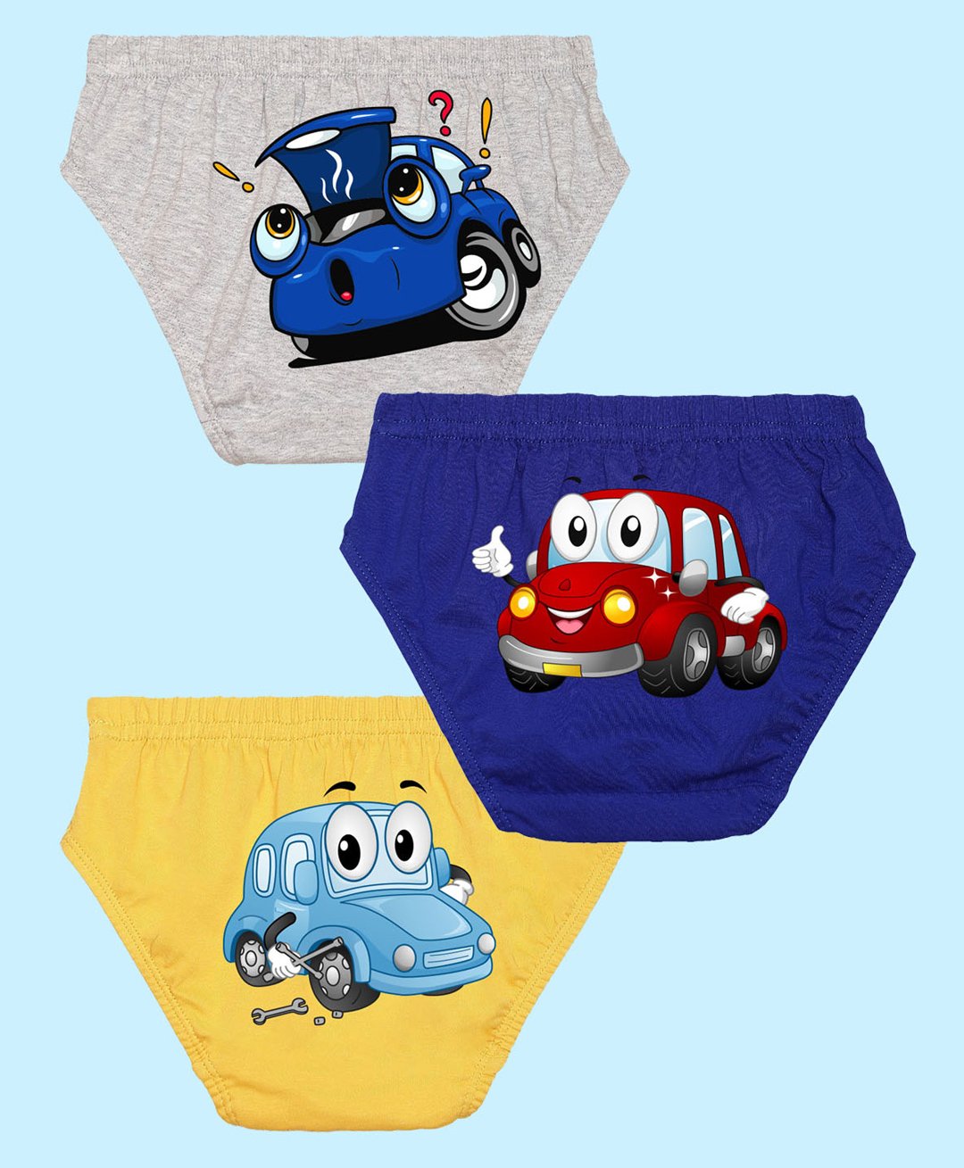 NUSYL Pack Of 3   Car Printed Cotton Briefs - Grey Royal Blue & Yellow-image-3