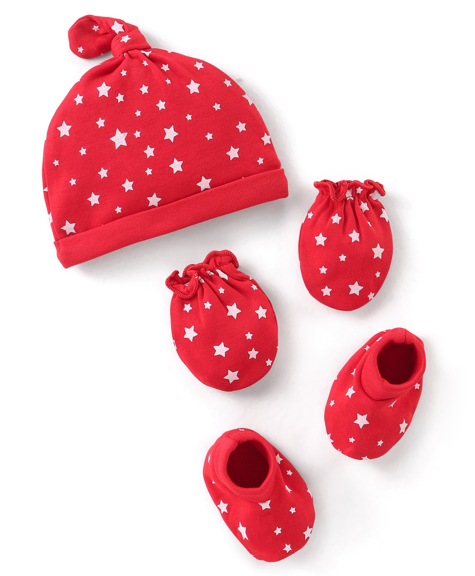 Babyhug 100% Cotton Knit Cap Mittens & Booties Set Star Print - Red-picture-22