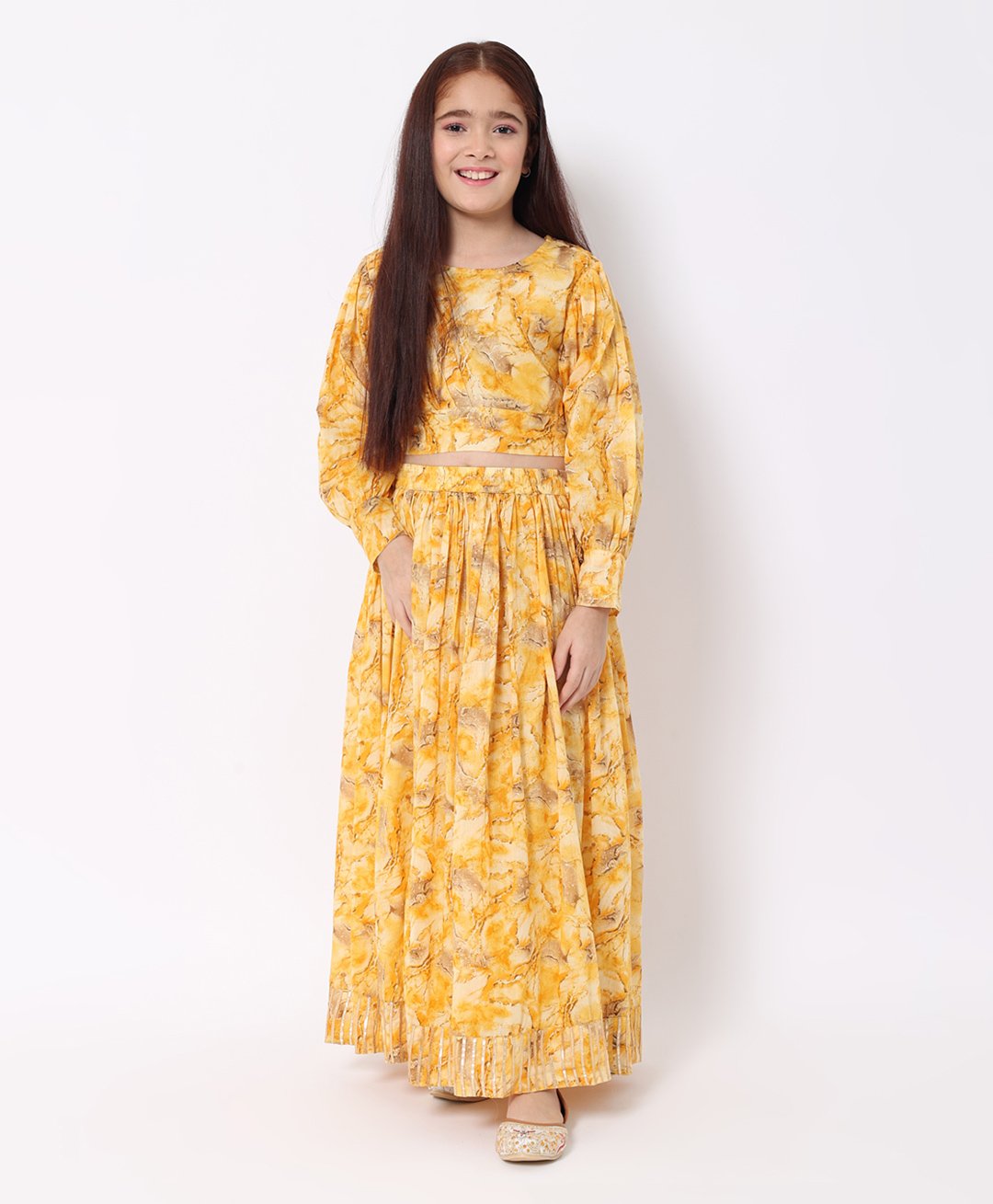READIPRINT Full Sleeves Water Colour Effect Printed With Pleated Choli & Lehenga - Yellow-picture-45