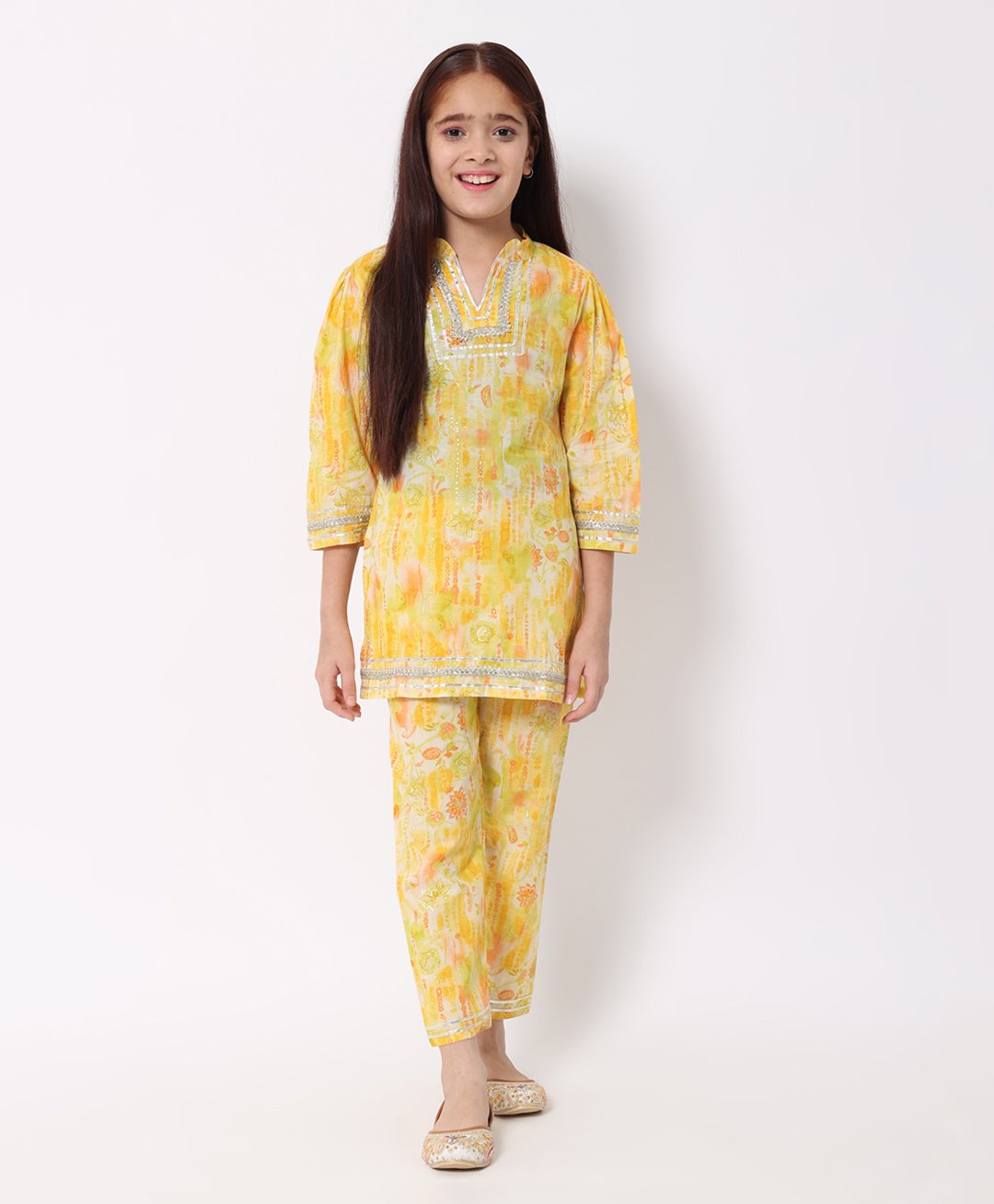 READIPRINT Three Fourth Sleeves Seamless Watercolour Effect Abstract Printed Kurta With Coordinating Gota Patti Embellished Salwar - Yellow-picture-29
