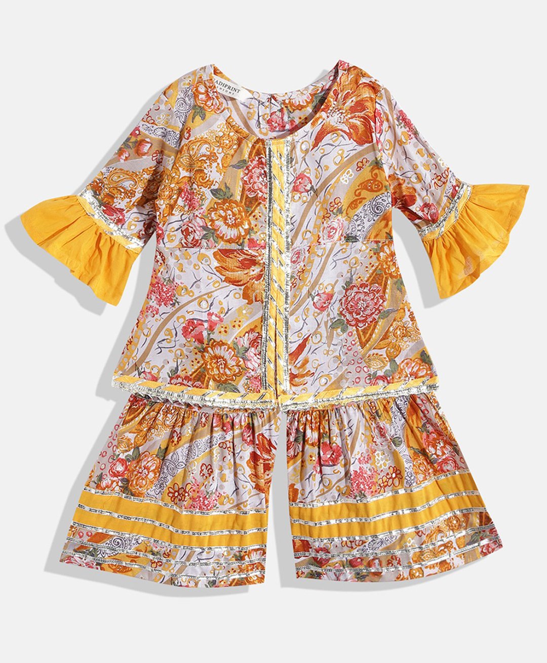 READIPRINT Cotton Three Fourth Sleeves Floral Printed & Gotta Laced Embellished Kurta And Sharara -Mustard Yellow-picture-29