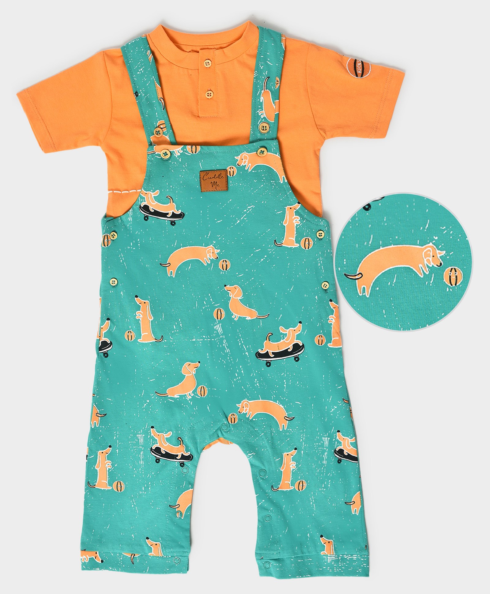 Mi Arcus  Cotton Half Sleeves Dachshund Puppy Print T-Shirt With Coordinating Dungaree Green & Orange-picture-12
