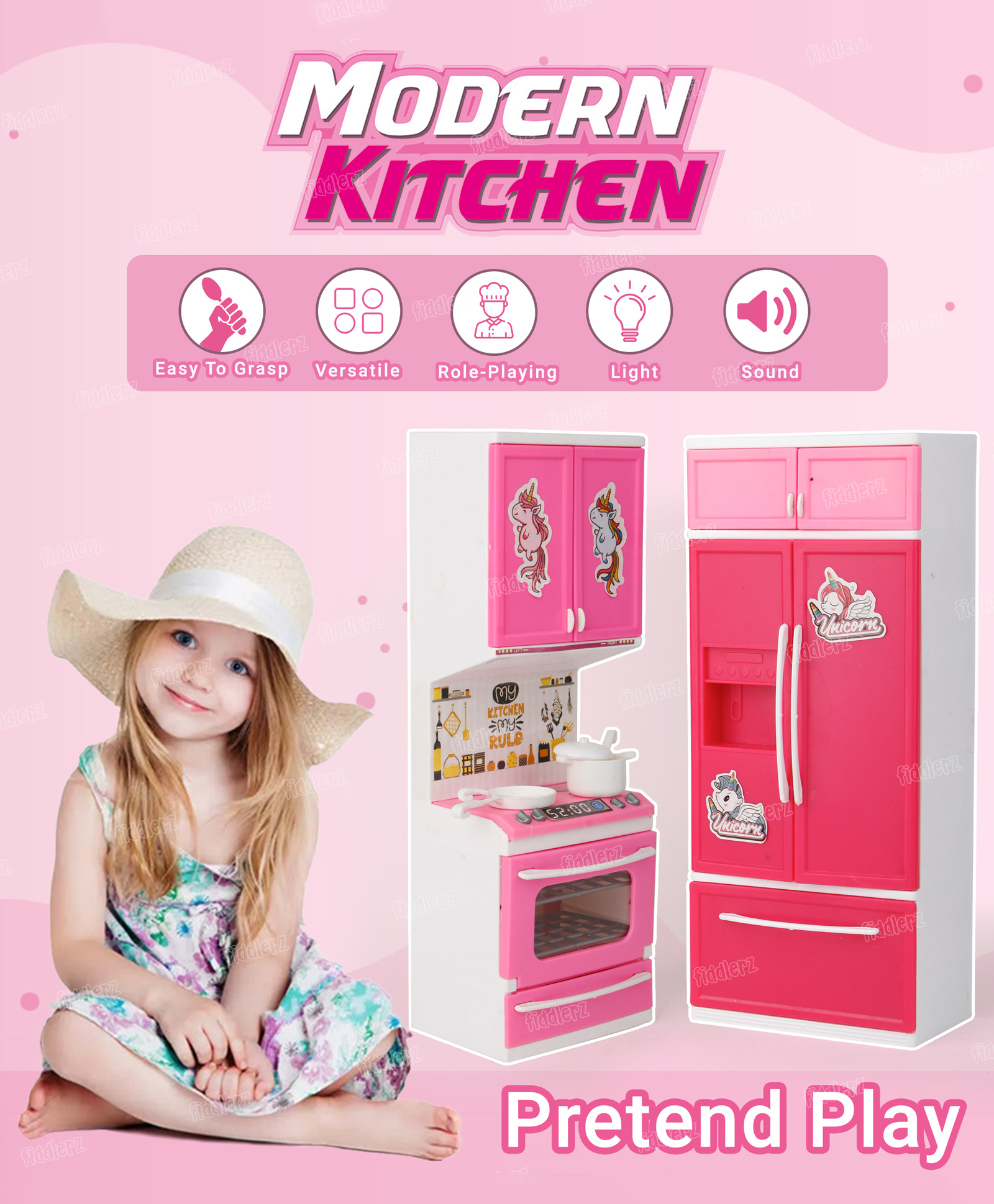 Fiddlerz Unicorn Kitchen Set for Kids Girls Cooking Pretend Playset Birthday Gift  -Pink-picture-23