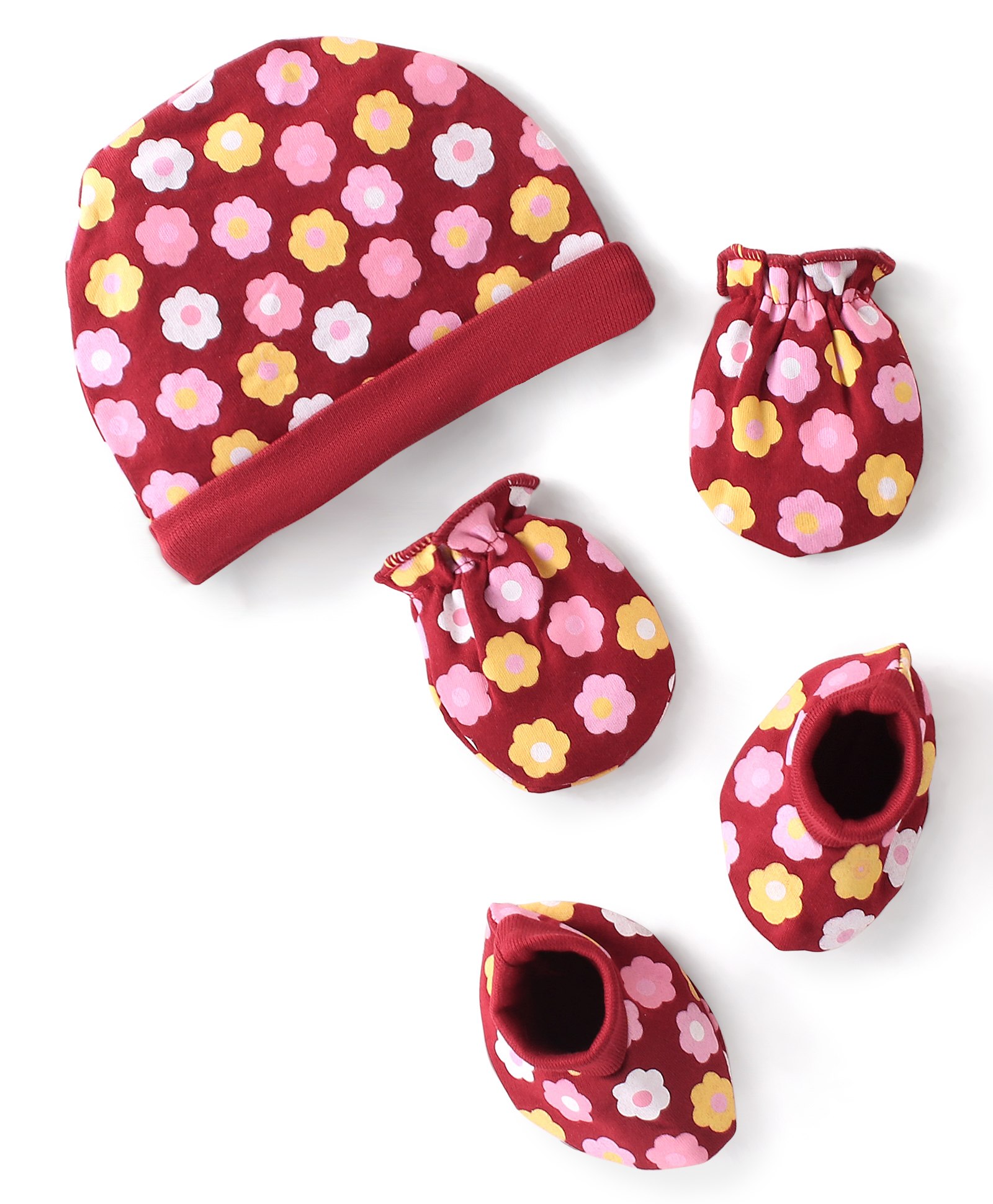 Babyhug 100% Cotton Knit Cap Mittens & Booties Set Floral Print - Red-picture-13