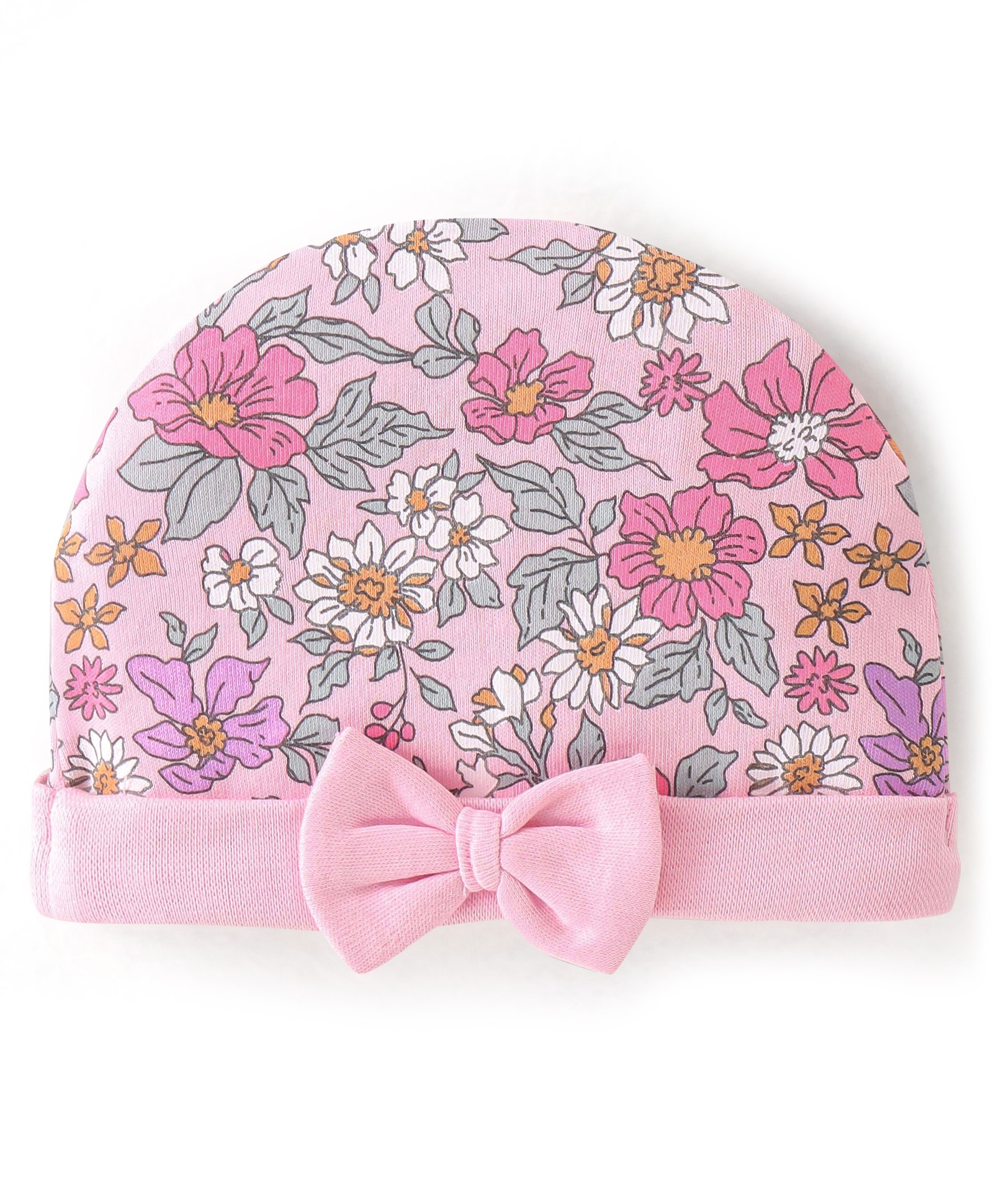 babyhug 100% cotton knit cap floral printed with bow applique- pink