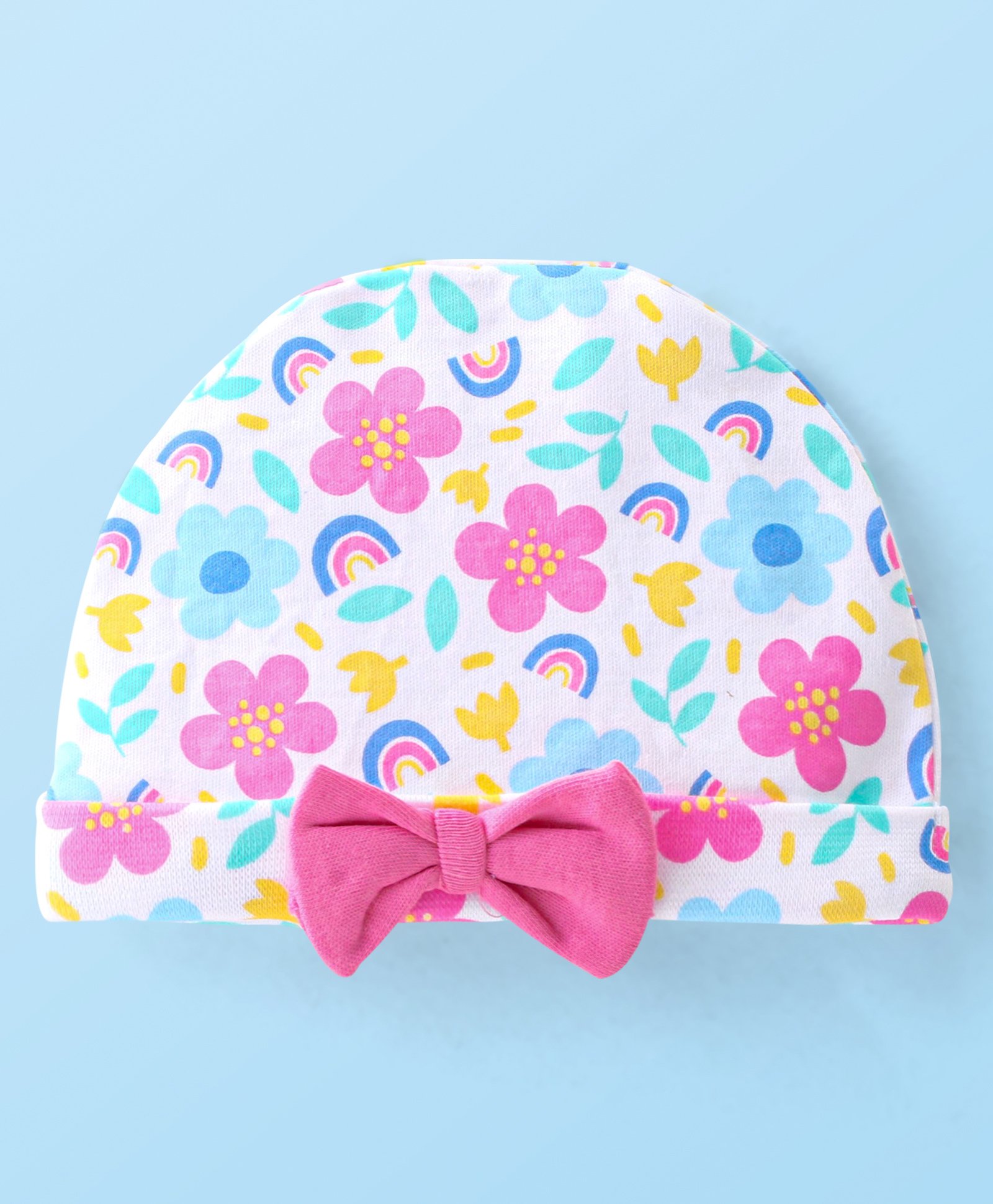Babyhug 100% Cotton Knit Cap with Floral Design and Bow - Multicolour-image-21