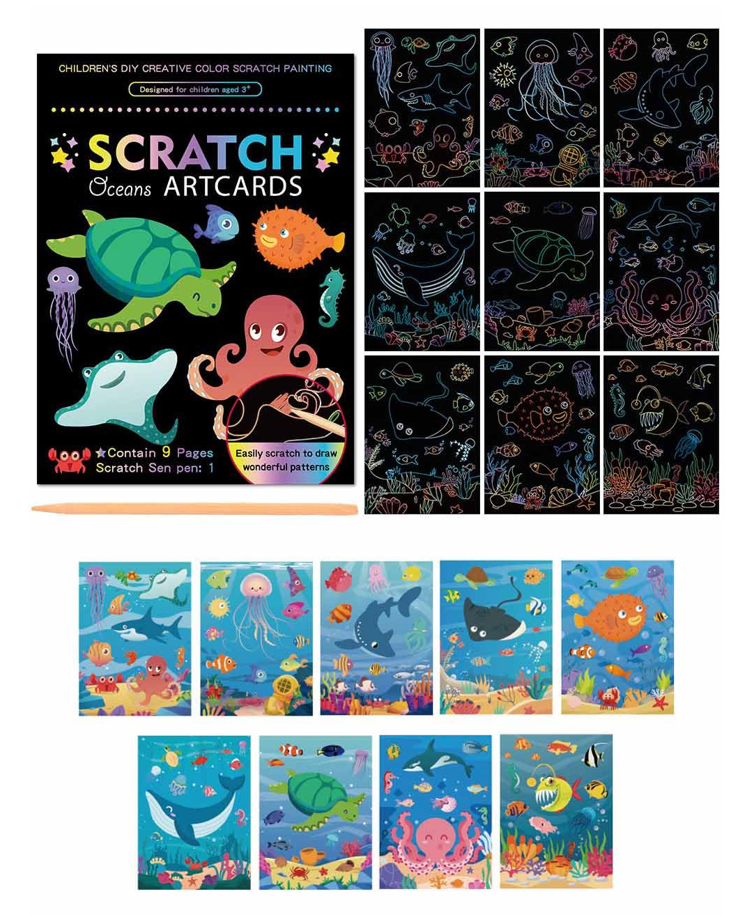 DIY Marine Animals Ocean Magic Scratch Art 9 Sheets Double Sided Paper Cards & Scratch Sticks Set - Multicolour-image-27