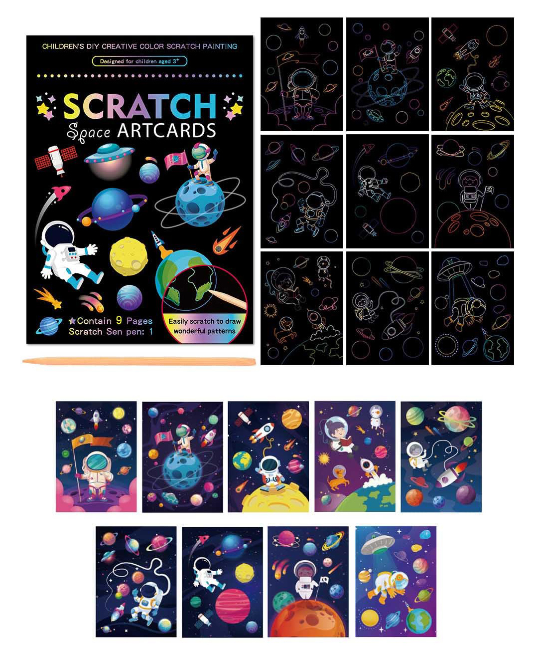 HAPPY HUES DIY Space Magic Scratch Art for Kids 9 Sheets Double Sided Paper Cards & Scratch Sticks Set Birthday Party Favor Supplies - Pack Of 9-image-7