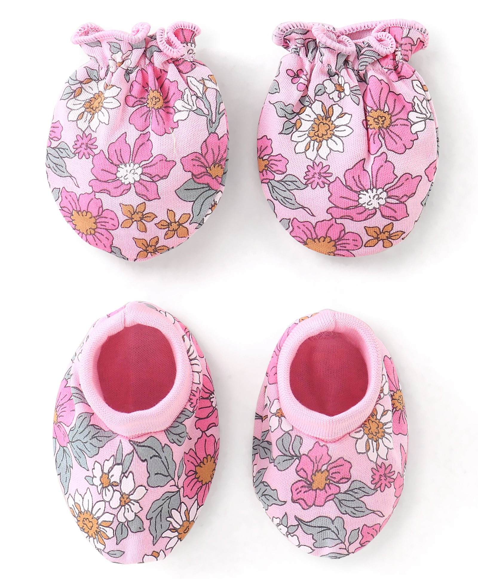 Babyhug 100% Cotton Knit Mittens & Booties Set Floral Print - Pink-image-27