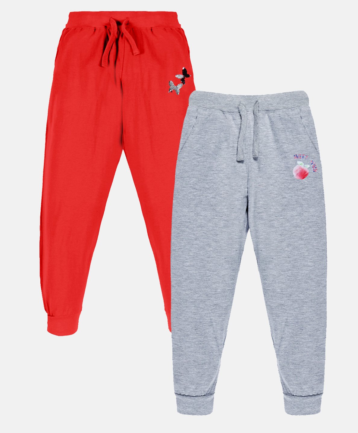 Kiddopanti Pack Of 2 Butterfly & Fruit Printed Track Pants - Red & Grey Melange-image-31