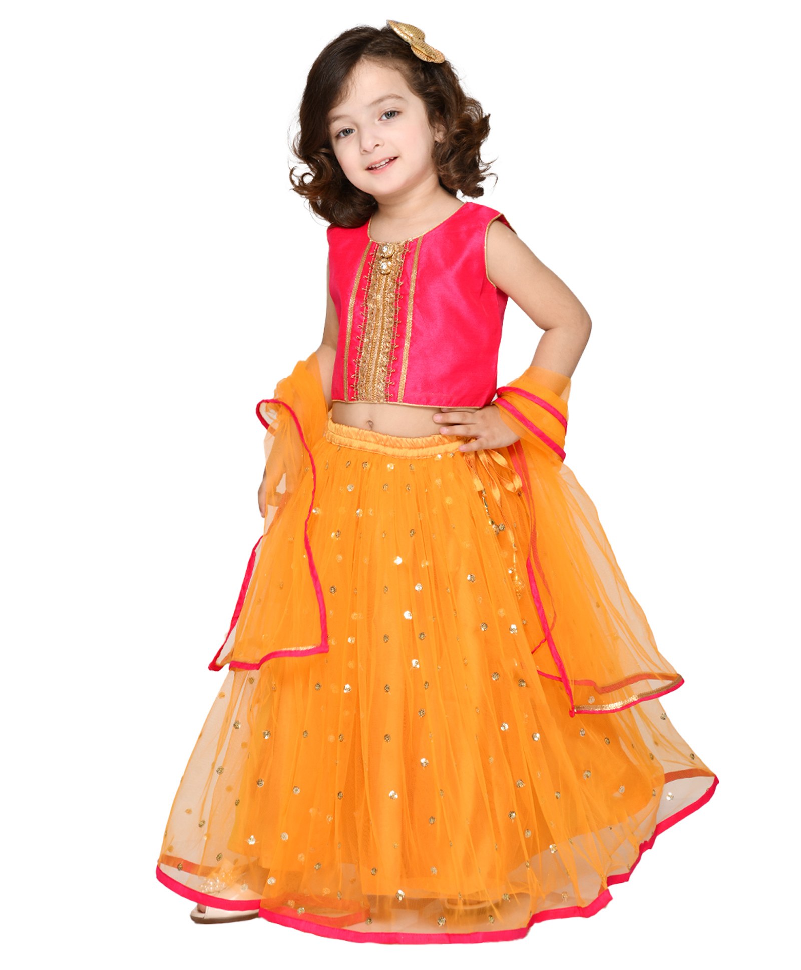Saka Designs By Sapna Sleeveless Sequin & Lace Embellished Lehenga & Choli With Dupatta - Pink & Orange-image-31