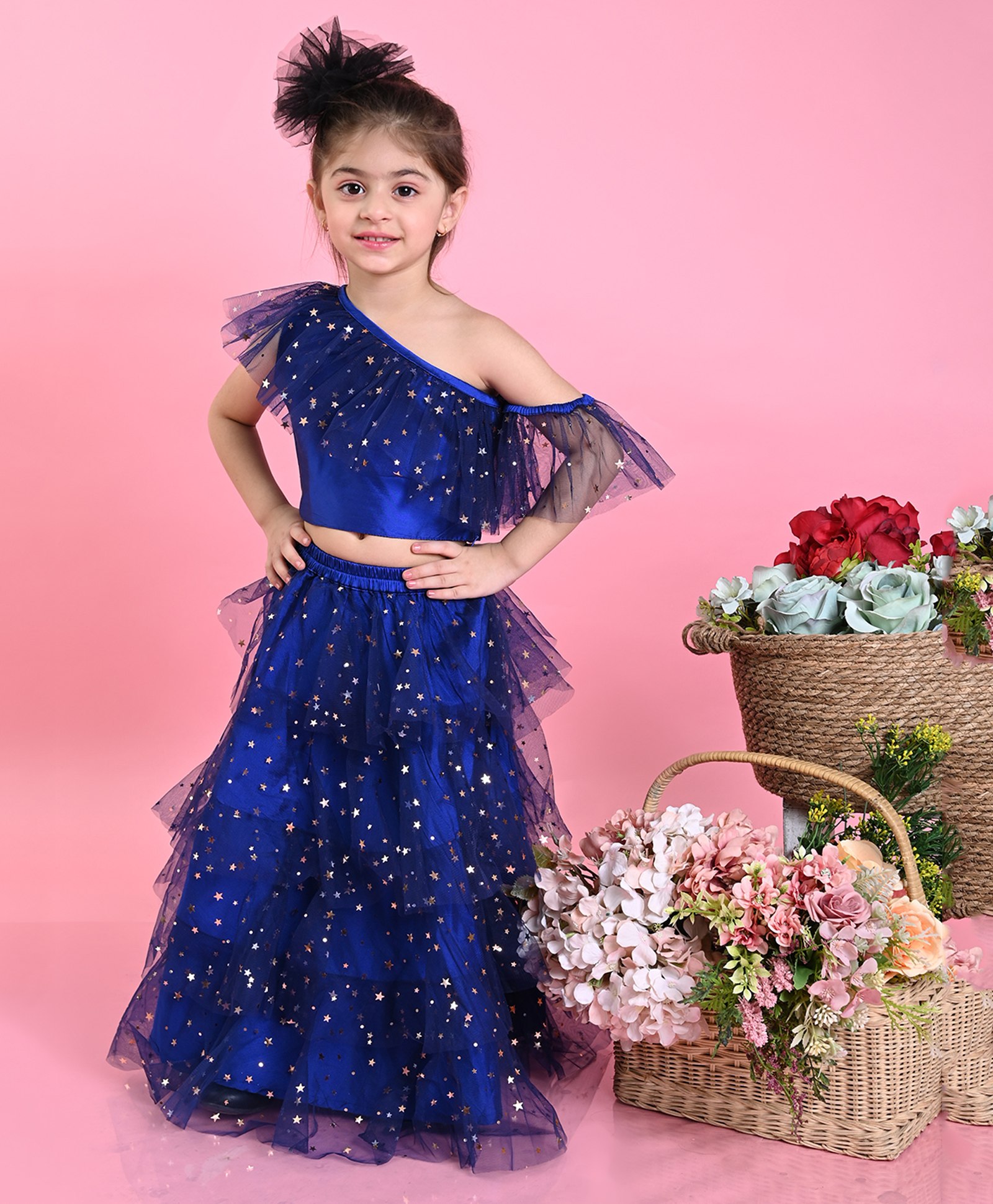 Saka Designs By Sapna One Shoulder Star Embellished    Ruffled Layered  Lehenga & Choli - Blue-picture-12