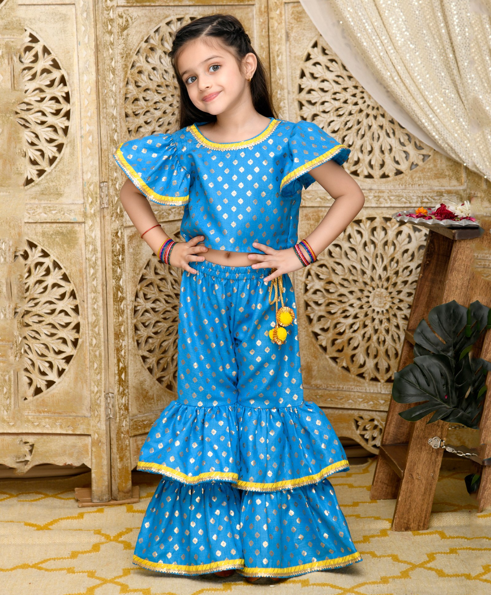 Saka Designs By Sapna Cap Sleeves All Over Ethnic Motif Foil Printed Top With Coordinating Lace Embellished Sharara - Blue-picture-34