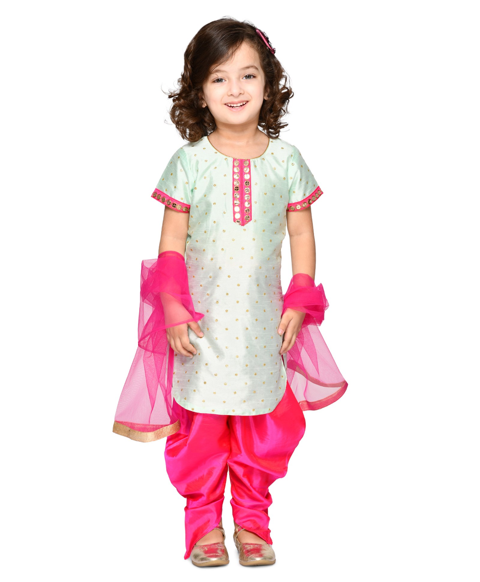 Saka Designs By Sapna Half Sleeves Mirror Work Embellished & Motif Detailed Curved Hem Kurta With Dhoti & Dupatta - Pastel Blue & Fuchsia Pink-image-7