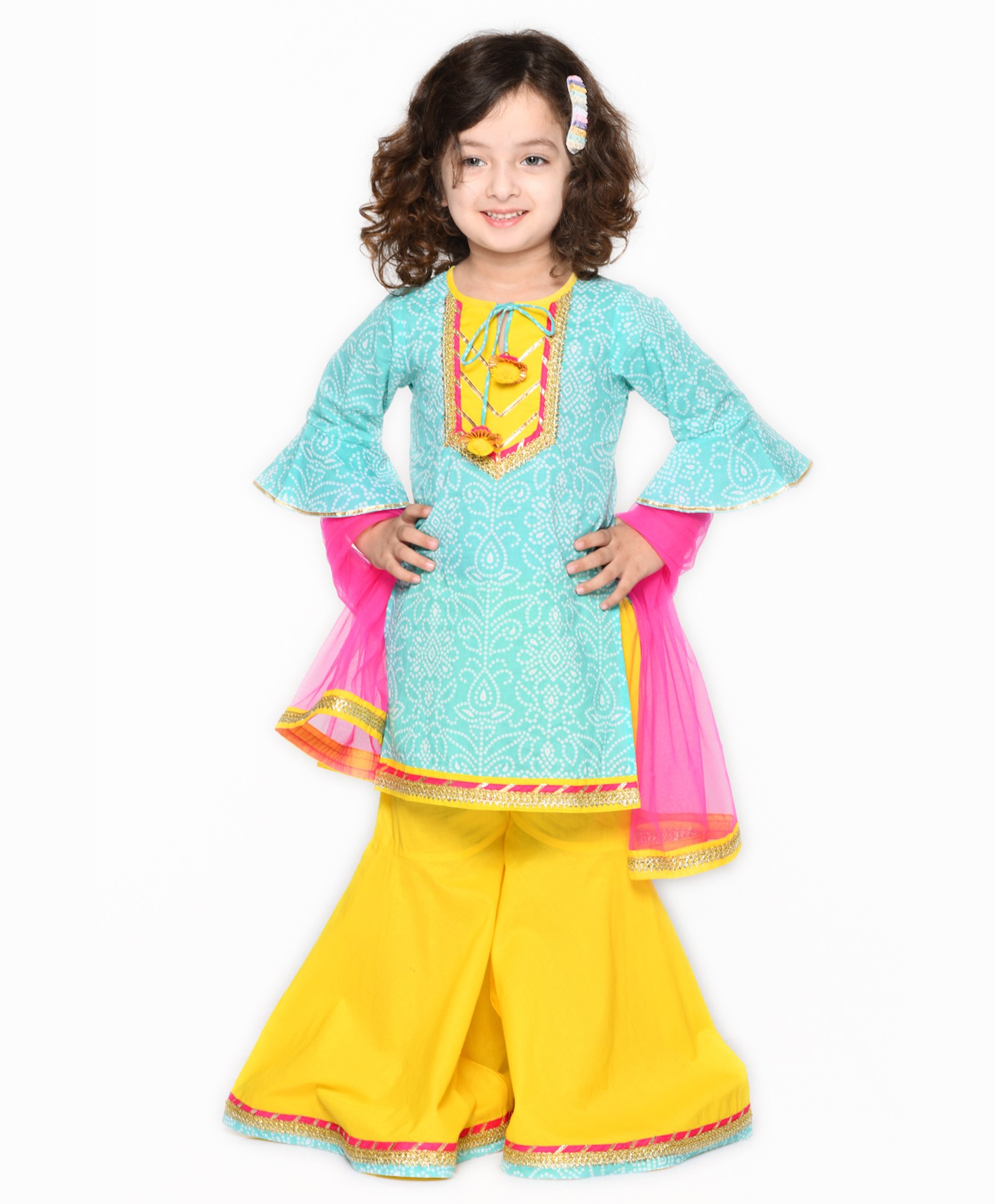 Saka Designs By Sapna 100% Cotton Three Fourth Bell Sleeves Bandhei Designed Sharara Kurta Set - Blue & Yellow-picture-33