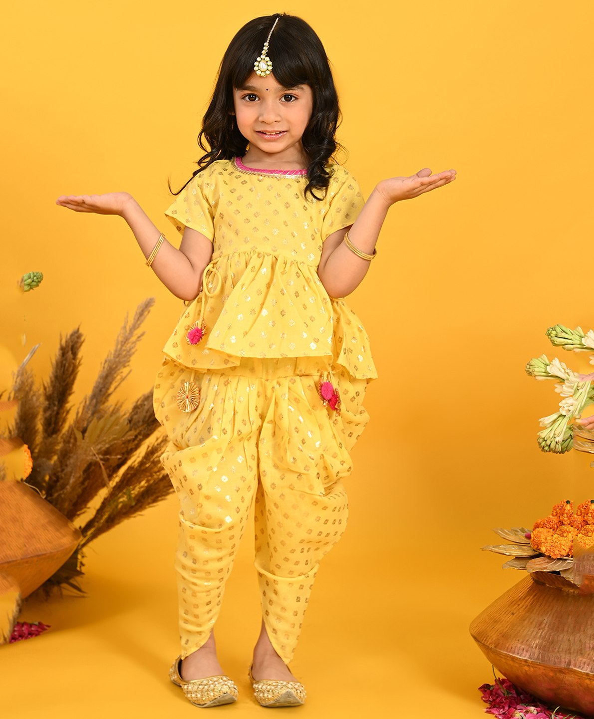 Saka Designs By Sapna Half Sleeves Damask Motif Foil Printed & Gota Lace Embellished Peplum Style Top & Dhoti- Yellow-picture-20