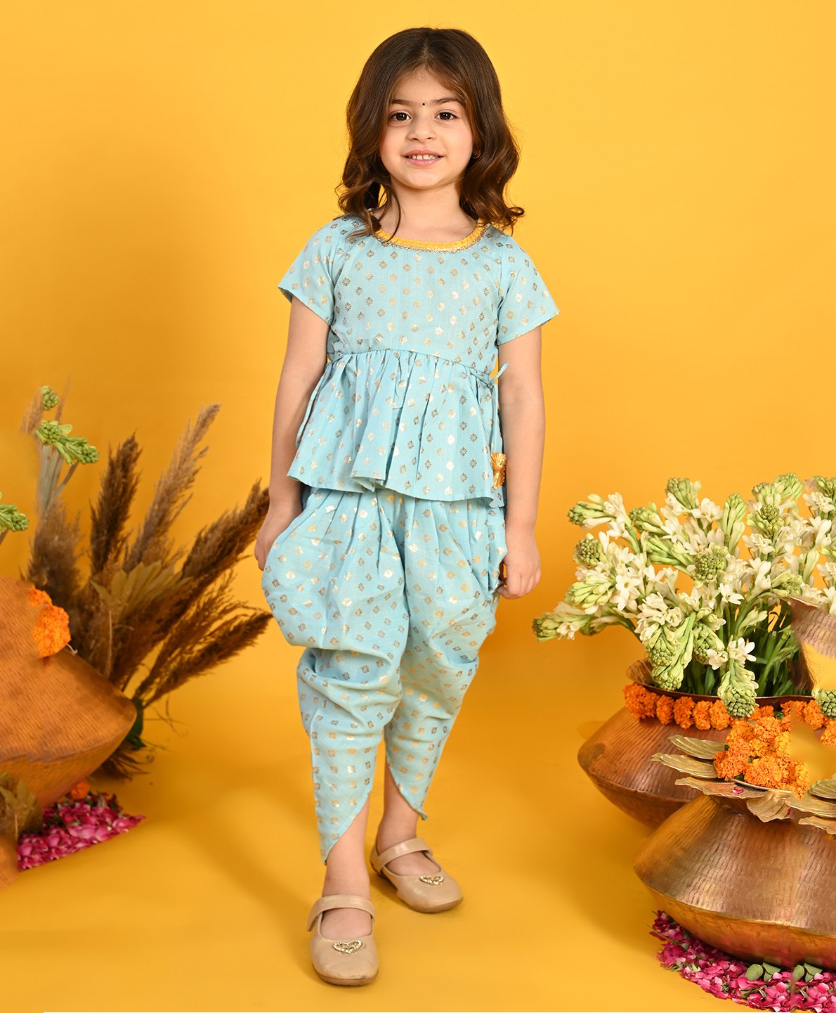 Saka Designs By Sapna Half Sleeves Damask Motif Foil Printed & Gota Lace Embellished Peplum Style Top & Dhoti - Sky Blue-image-36
