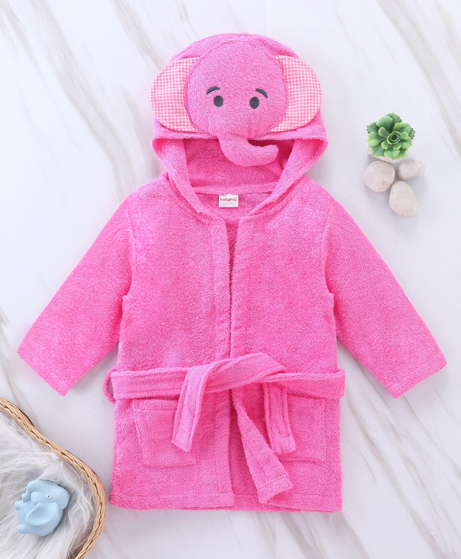 Babyhug Woven Terry Full Sleeves Hooded Bath Robe Elephant Patch - Pink-image-45