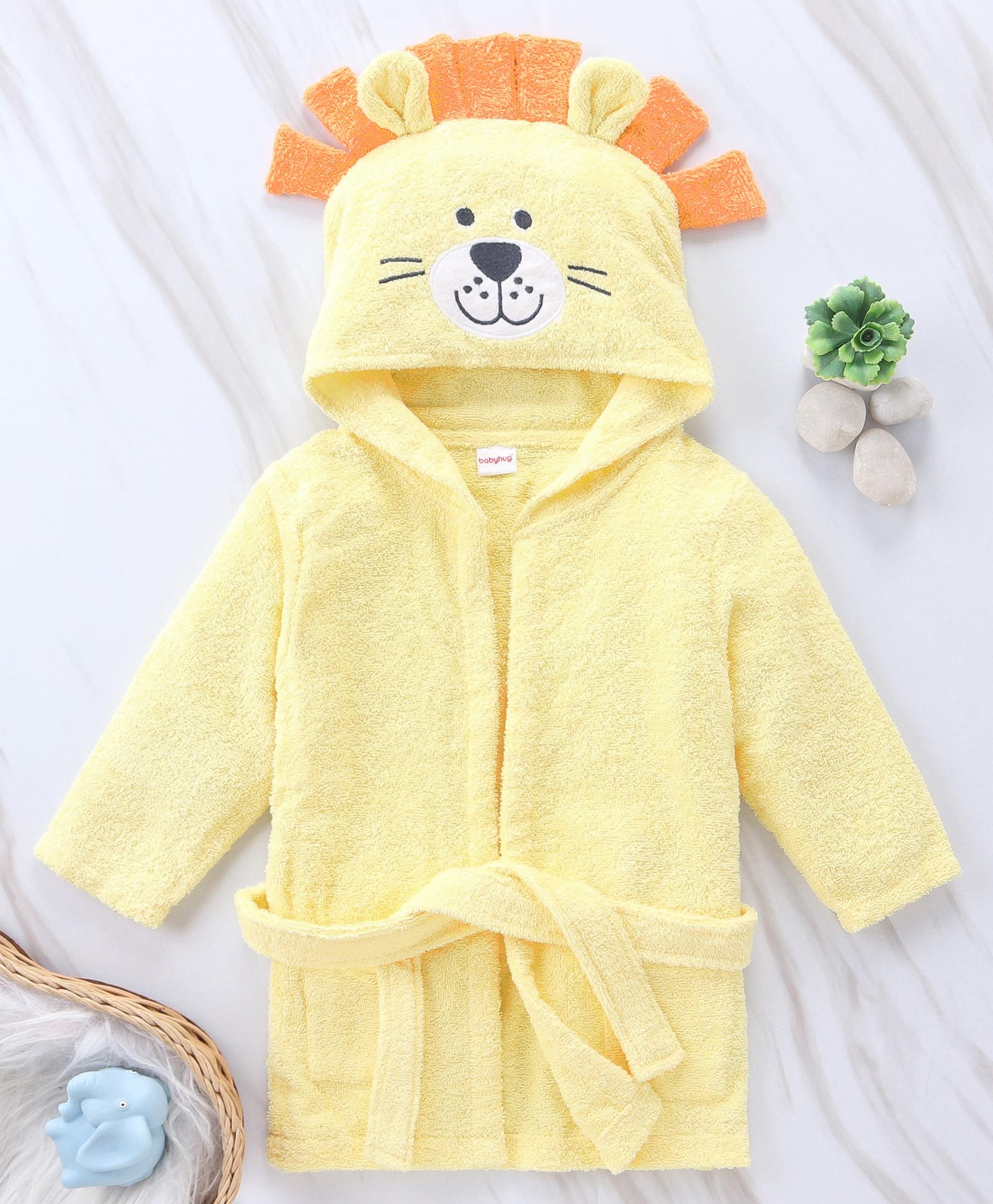 Babyhug Woven Terry Full Sleeves Hooded Bath Robe Tiger Design - Yellow-image-46