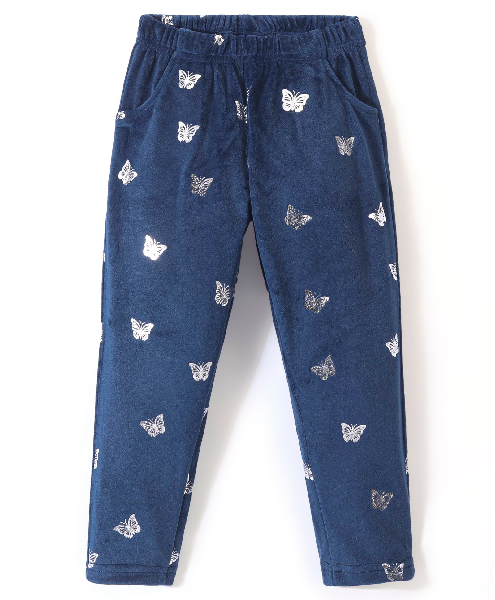 Babyhug Fleece Full Length Woollen Pant Butterfly Print - Navy Blue-image-37