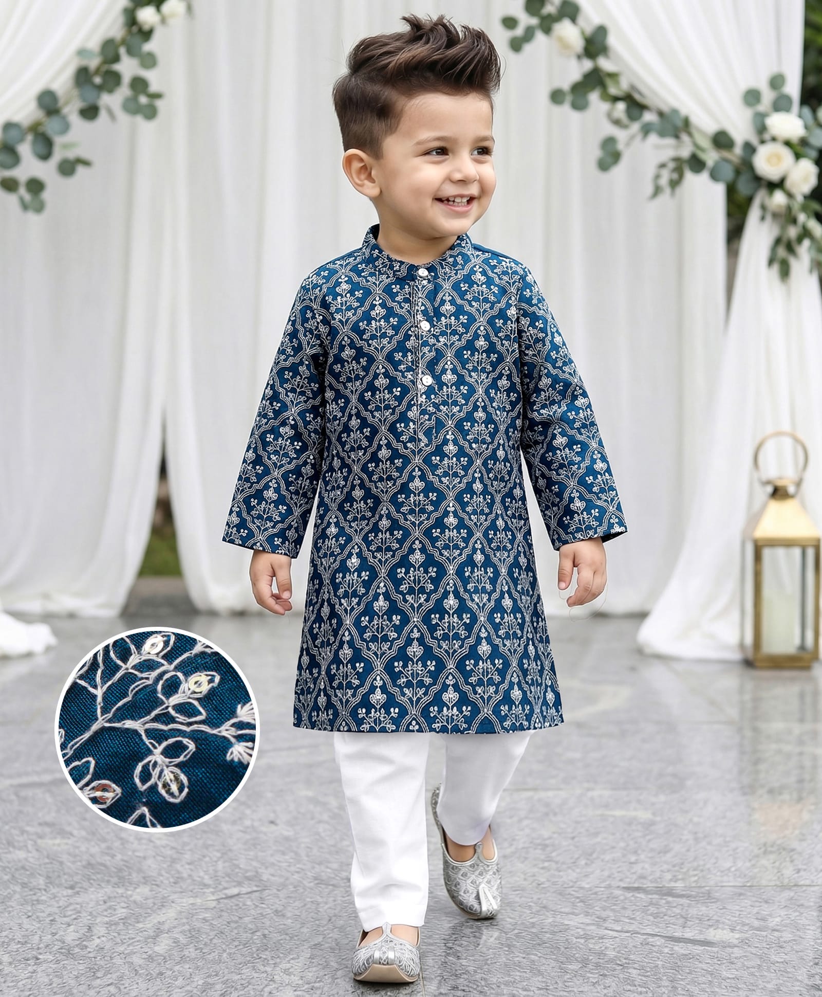 Babyhug Woven Floral Embroidered Full Sleeves Kurta & Pyjama Set- Blue-picture-27