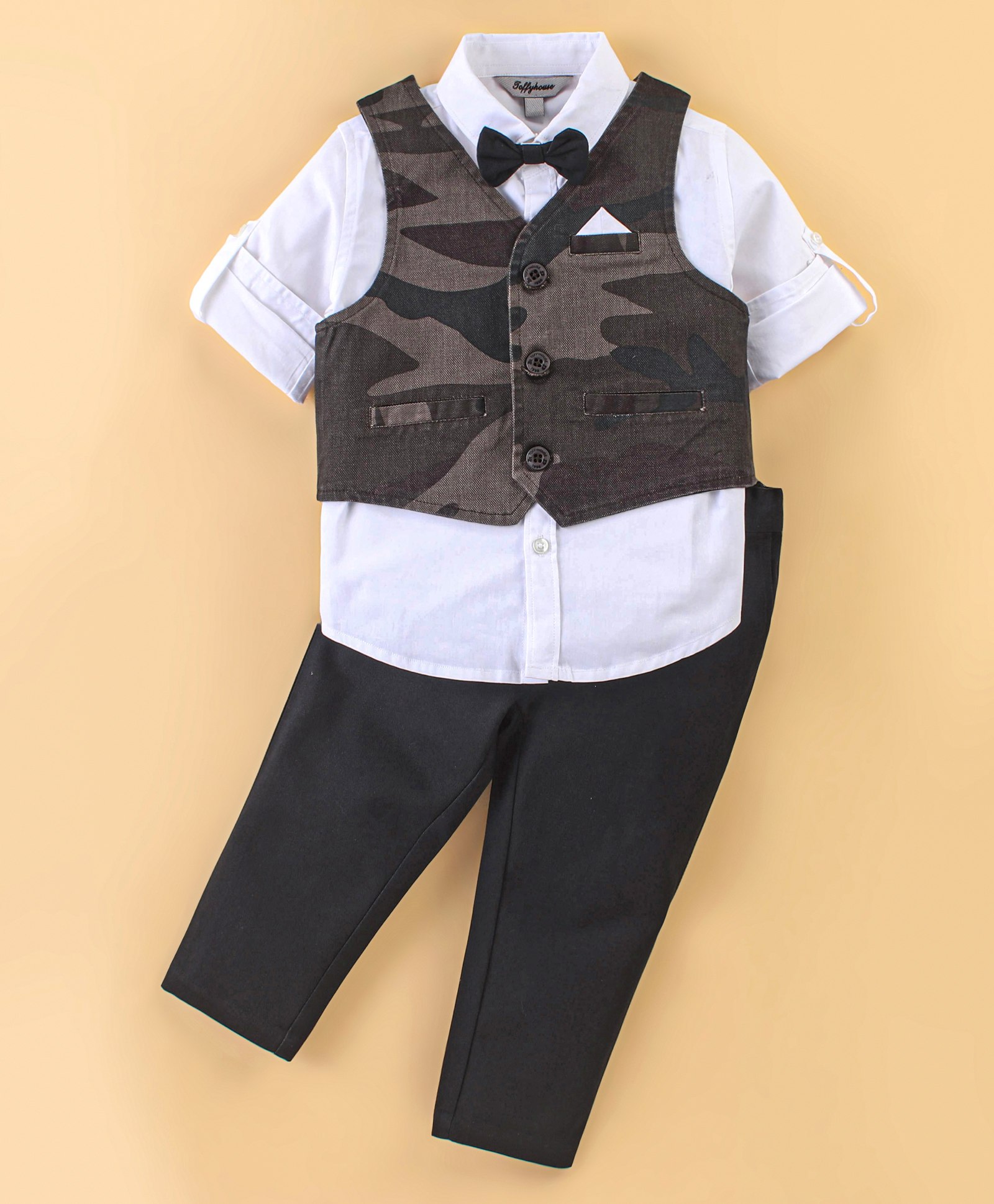ToffyHouse Cotton Full Sleeves Camo Printed Party Suit with Bow Tie - Multicolour-picture-49