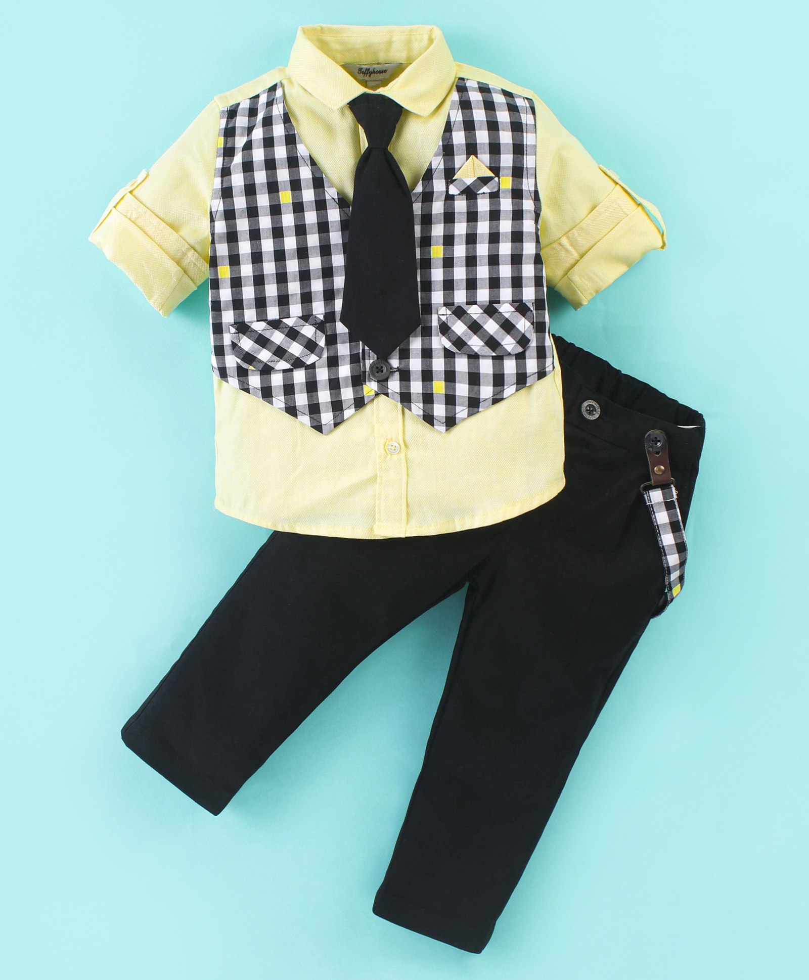 ToffyHouse Cotton Full Sleeves Checkered Party Suit with Bow Tie - Lemon Yellow & Black-image-30