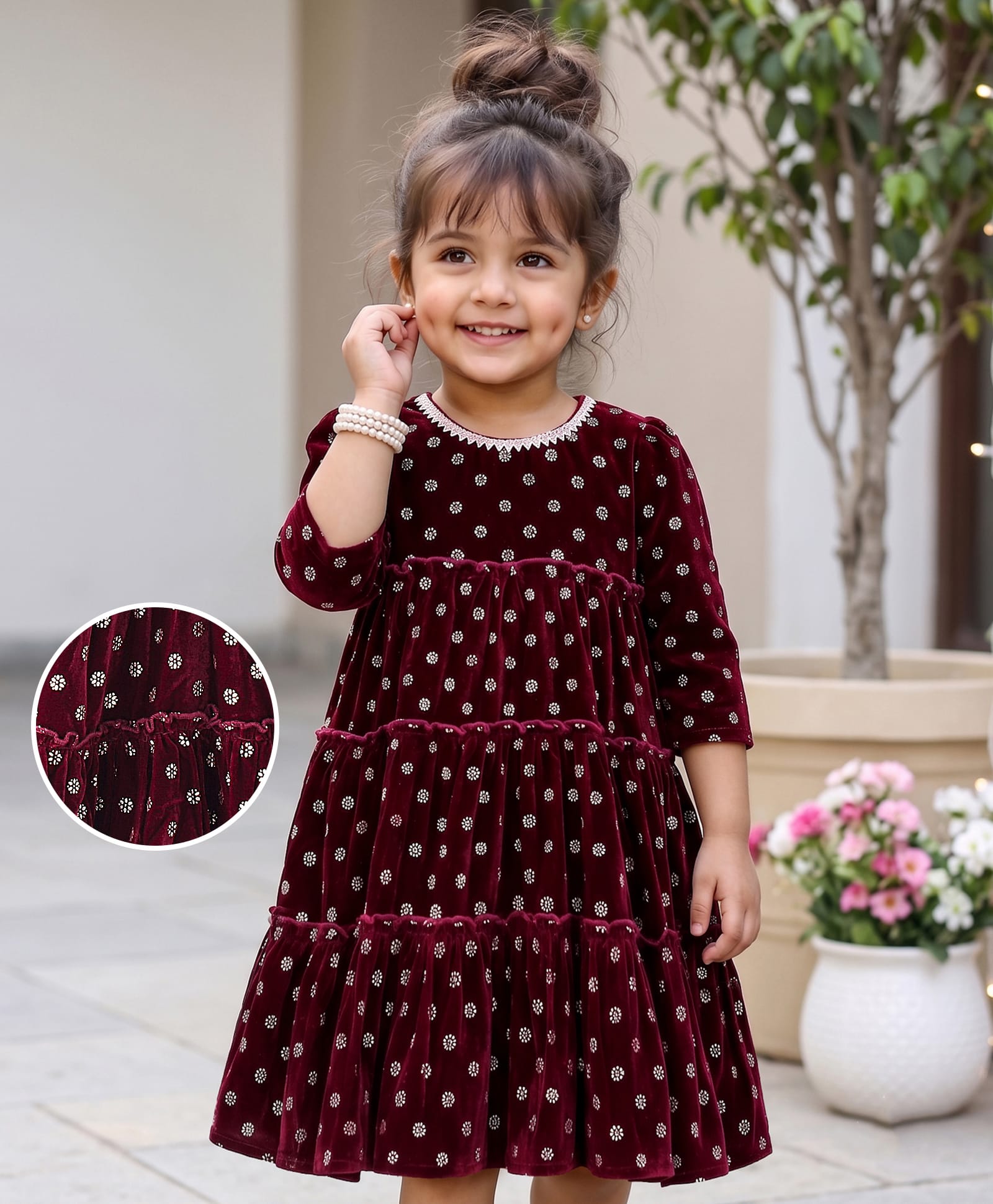 Babyhug Woven Threefourth Sleeve Ethnic Dress With Velvet Foil Print - Maroon-image-5