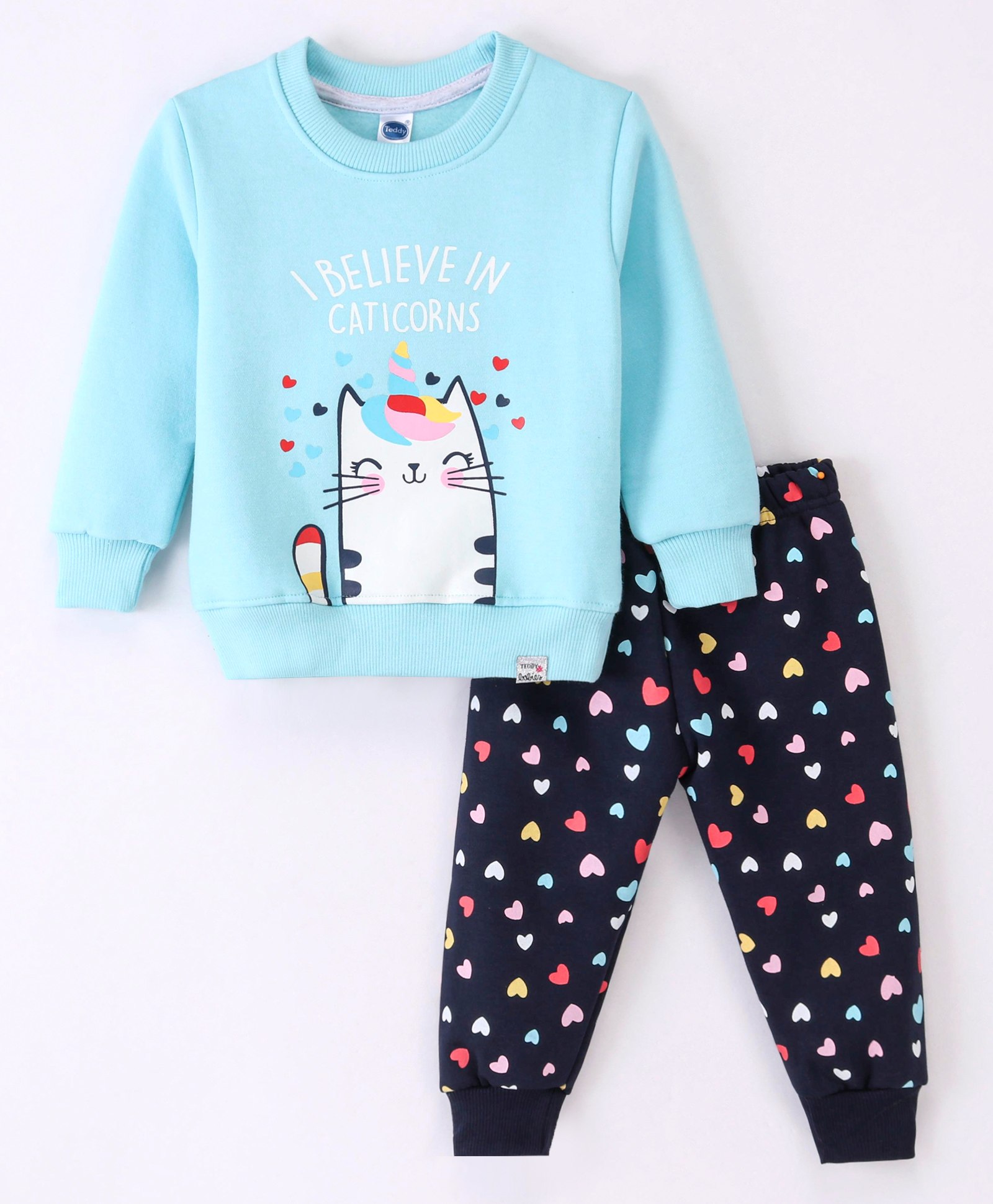 Teddy Fleece Full Sleeves Kitty Printed Winter Night Suit - Blue