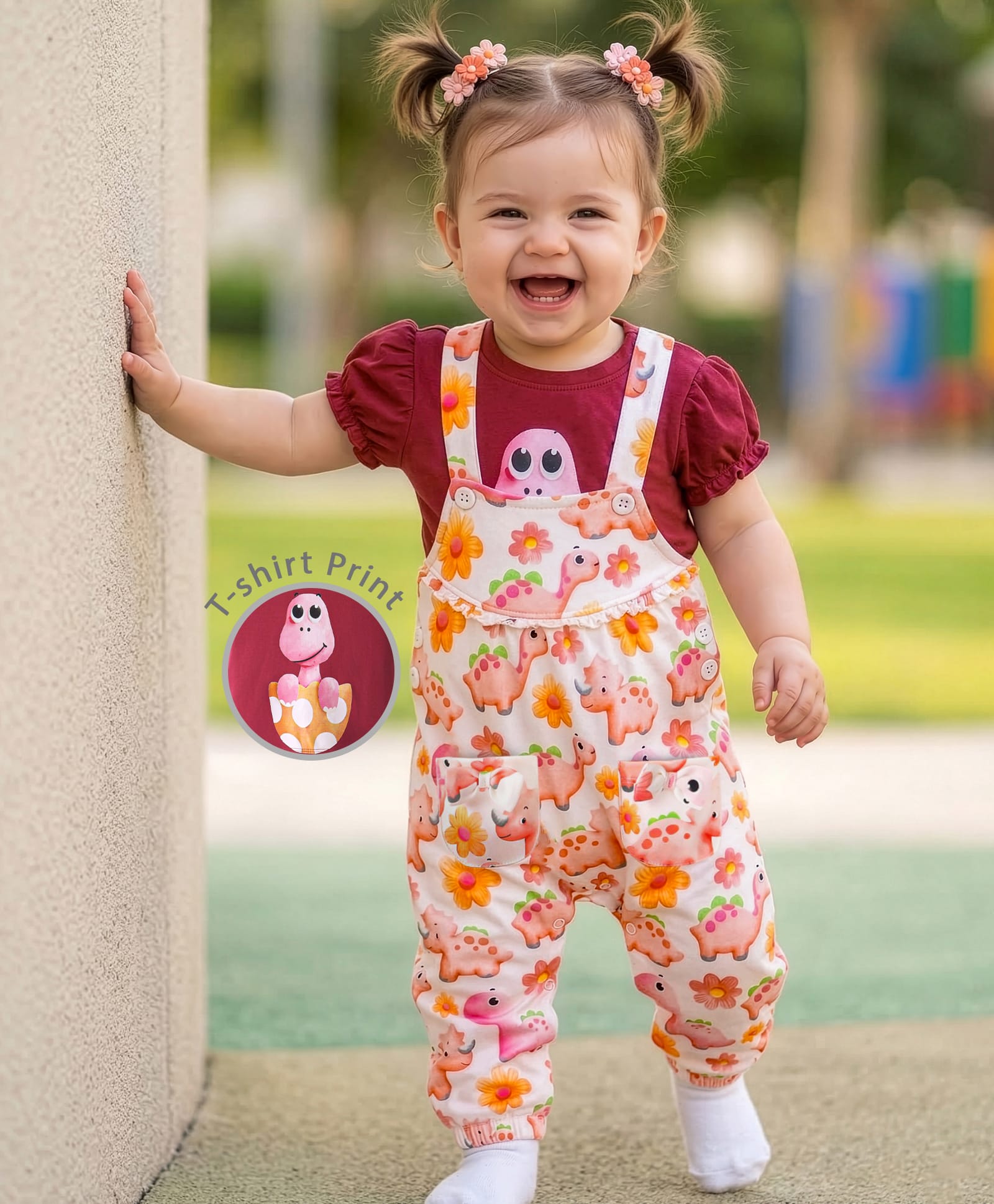 Babyoye Eco Conscious 100% Cotton Half Sleeves T-Shirt & Dungarees  With Dino Print - White Maroon & Orange-picture-11