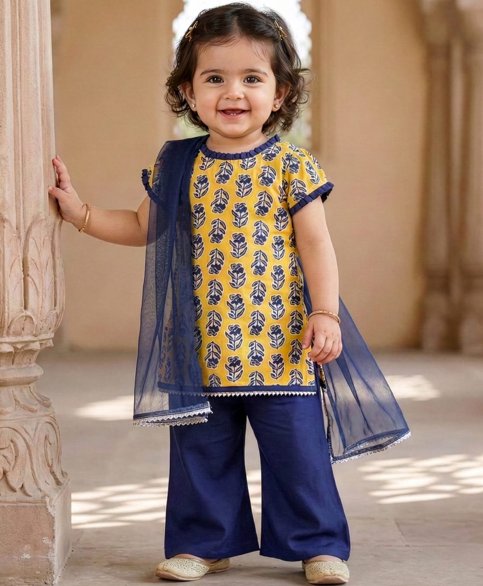 Babyoye Full Sleeves Cotton Kurta & Salwar Set With Dupatta Floral Print - Yellow & Blue-image-6