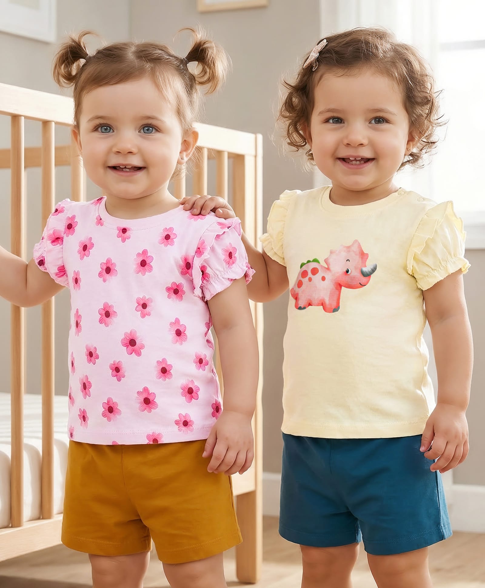 Babyoye Eco Conscious 100% Cotton Half Sleeves  Tops with Frill Detailing Floral & Dino Print - Pink & Cream-image-11