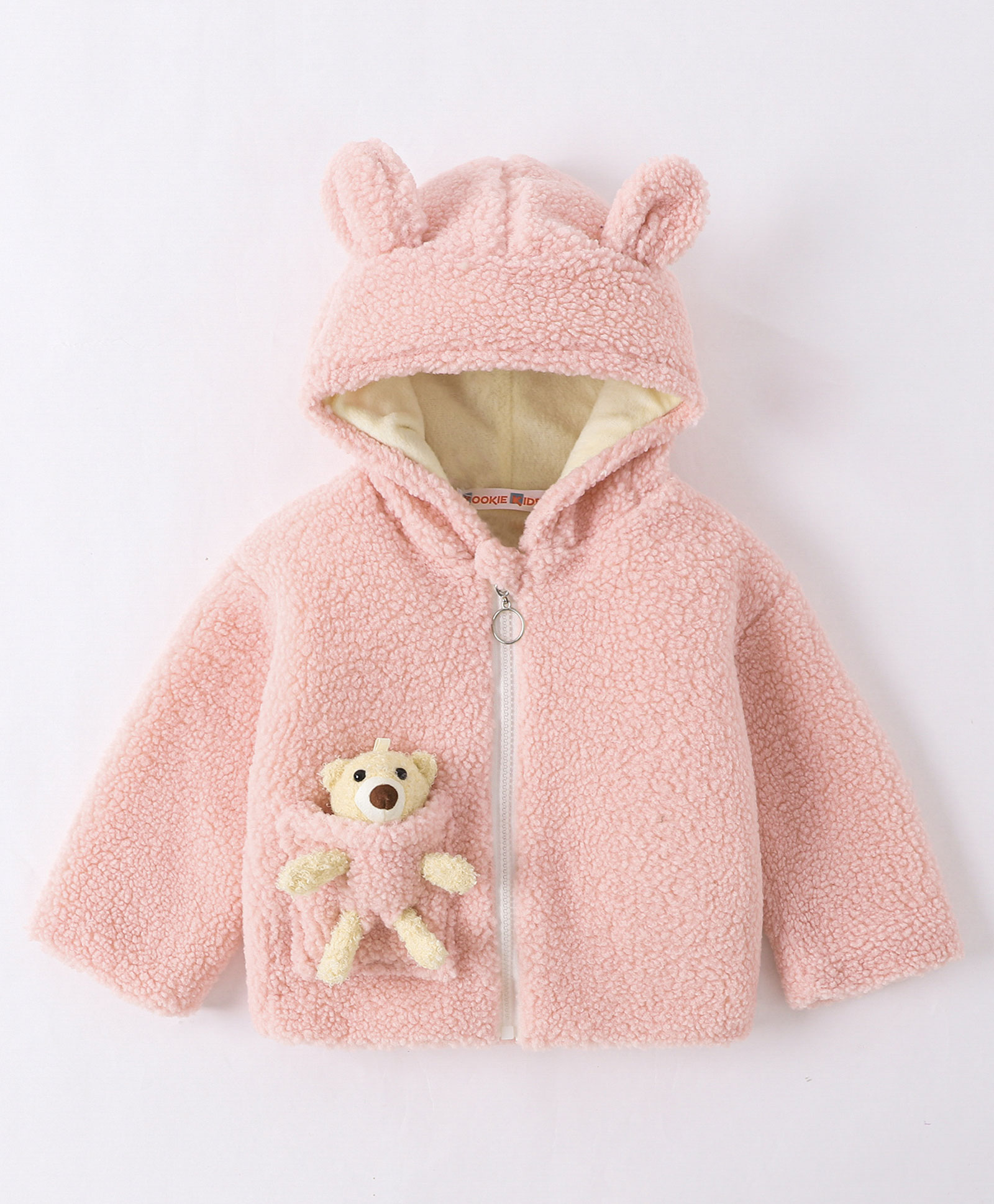 Kookie Kids Full Sleeves Hooded Jacket With Teddy Applique - Pink-image-37