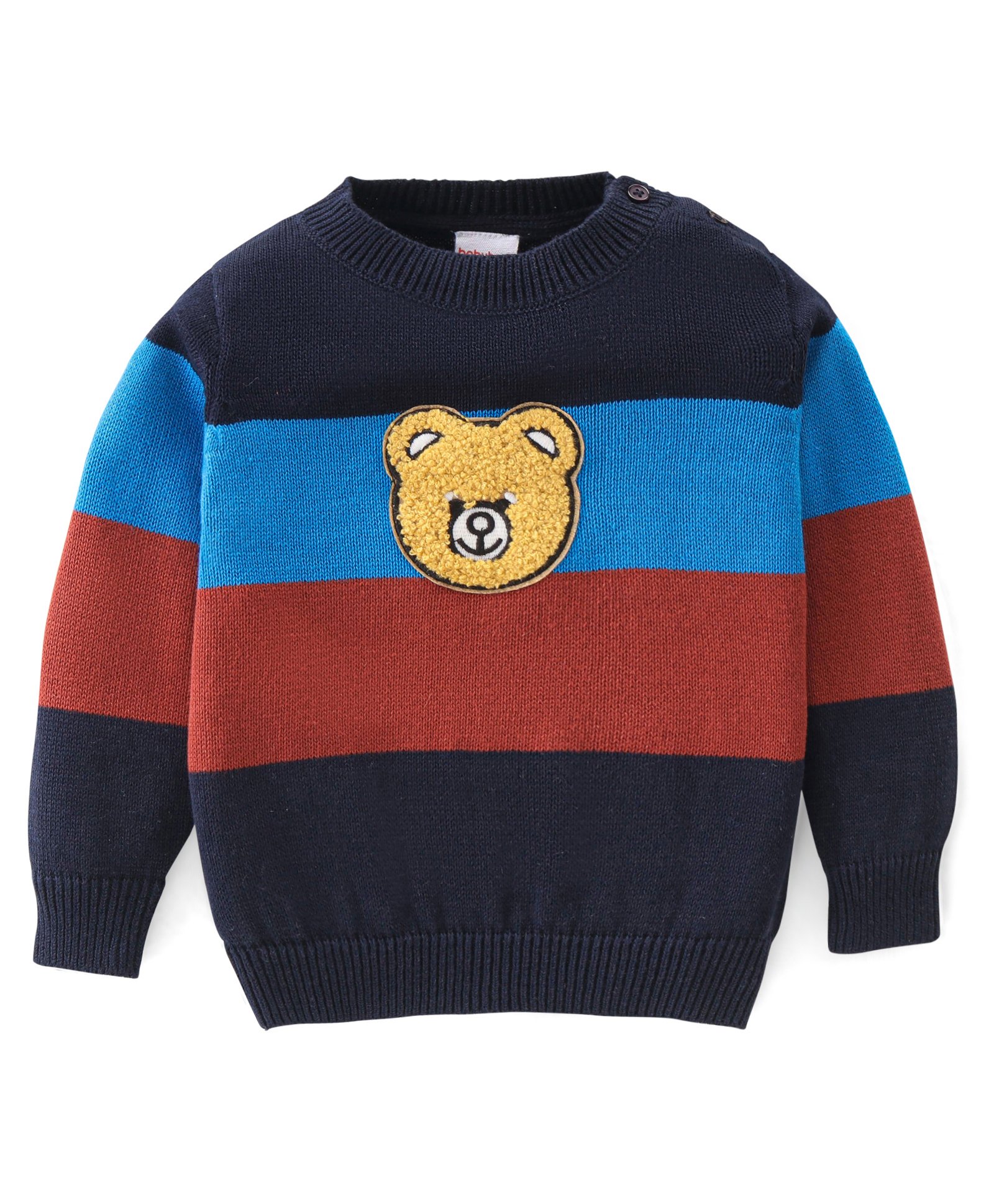 Babyhug Cotton Full Sleeves Color Block Light Winter Pullover with Bear Patch - Multicolor-image-1