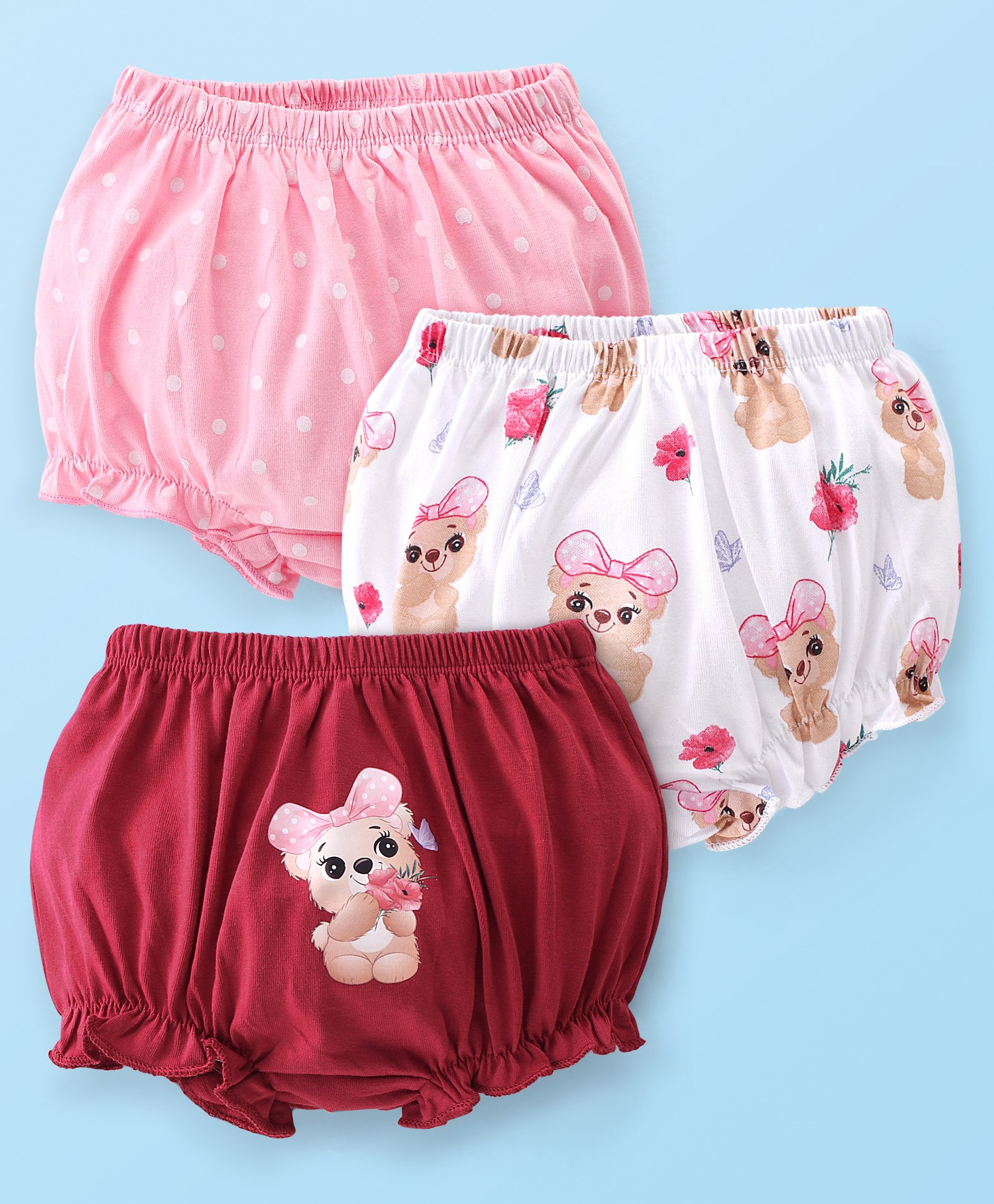 Babyhug 100% Cotton Bloomers Printed Pack of 3 - Pink & Red-image-26