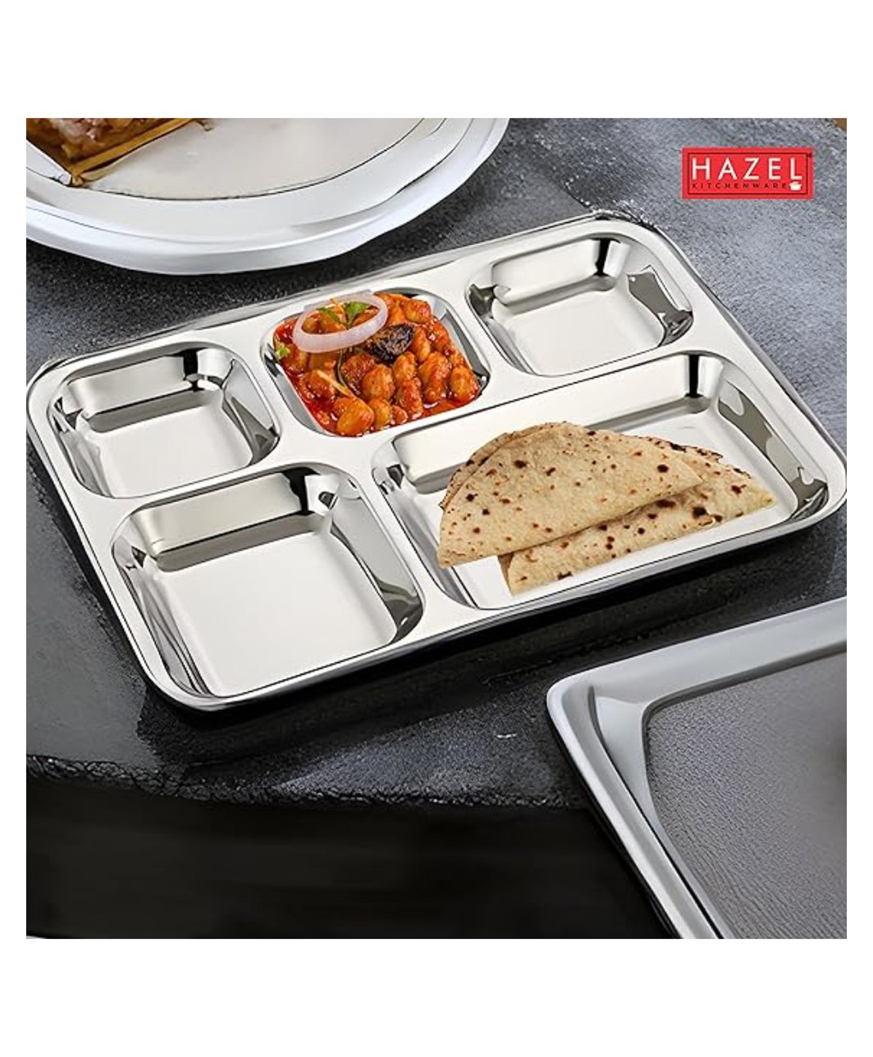 HAZEL Stainless Steel 5 Compartment Mess Plate Bhojan Thali for Lunch & Dinner Square Holes Thali Rectangle Plates for Event Party - Silver-picture-14