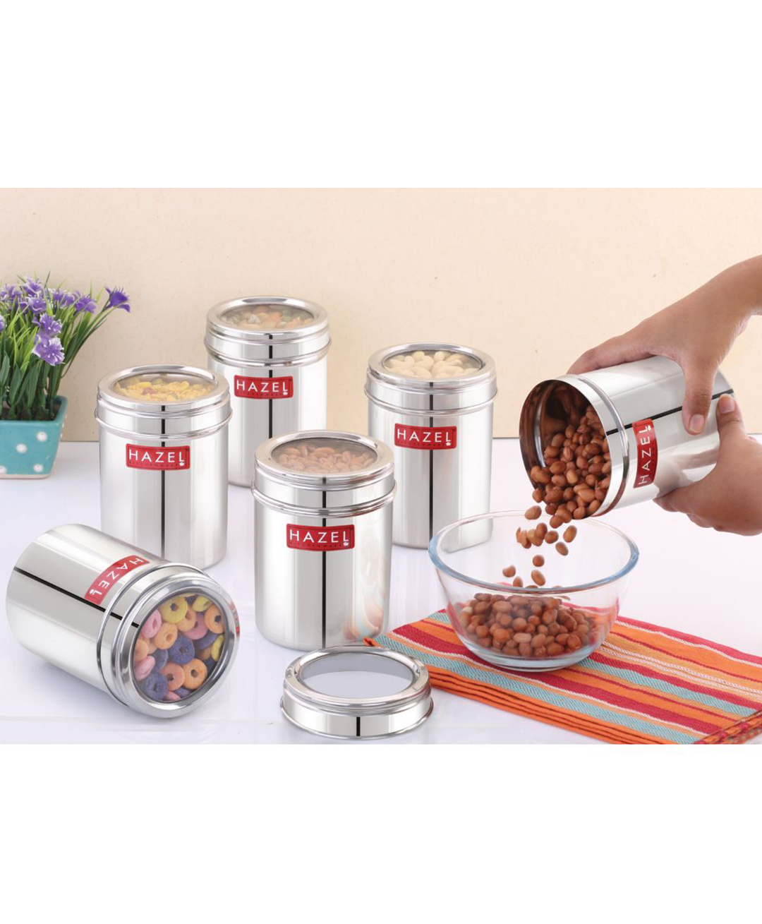 HAZEL Stainless Steel Kitchen Container with Transparent Lid Top See Through Kitchen Container Set with Matt Finish Multipurpose Container for Kitchen Storage Set of 6 Silver - 800 ml-image-6