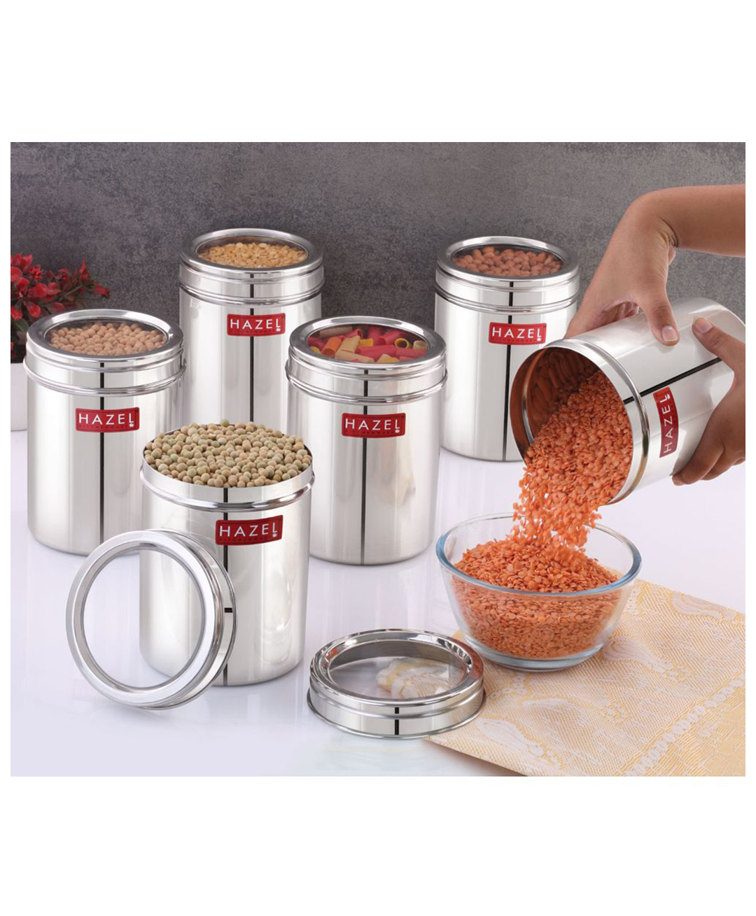 HAZEL Stainless Steel Kitchen Container with Transparent Lid Top See Through Kitchen Container Set with Matt Finish Multipurpose Container for Kitchen Storage Set of 6 Silver - 1600 ml-image-7