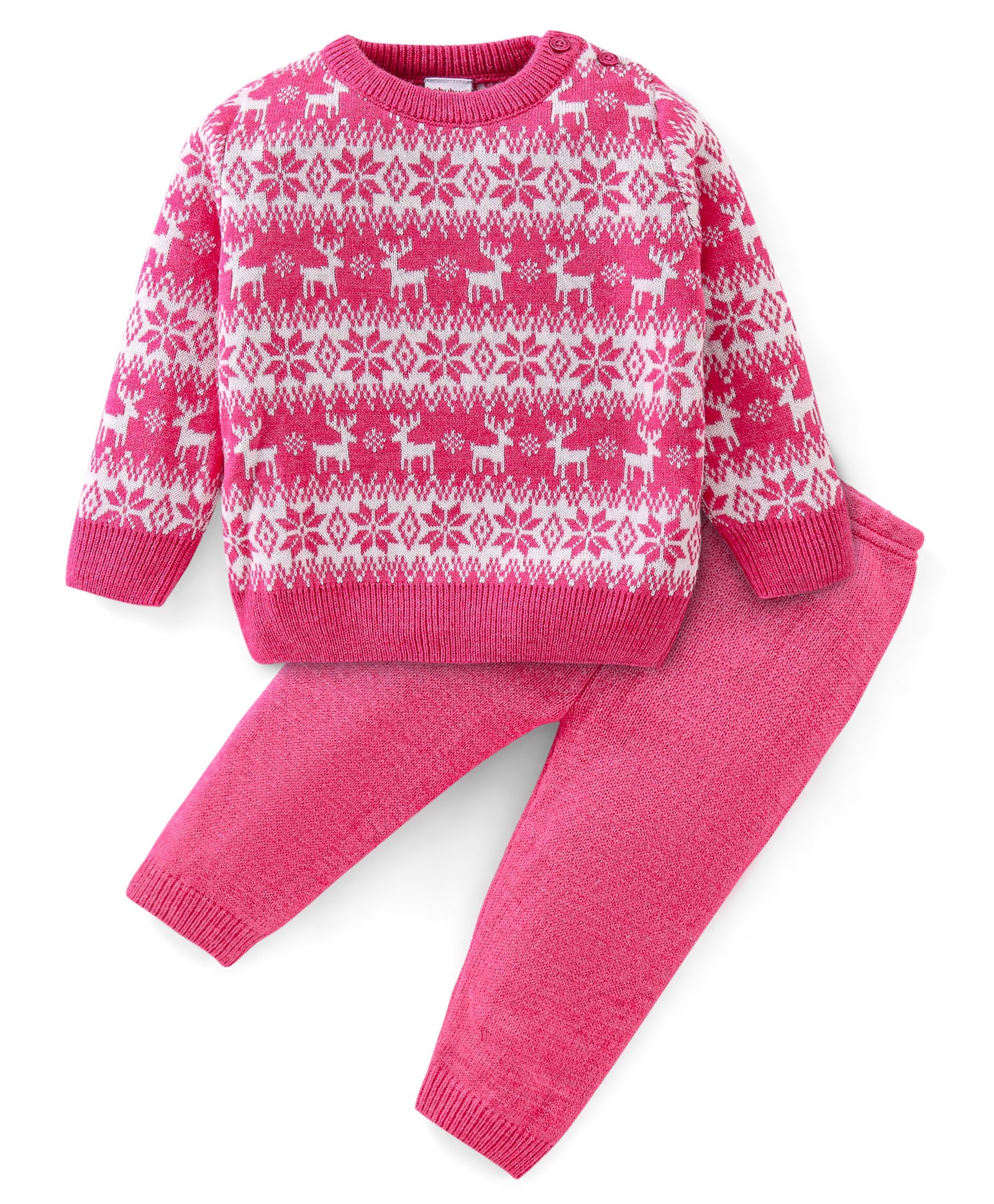 Babyhug Knitted Full Sleeves Baby Sweater Set with Snow Flakes Design - Pink-image-18