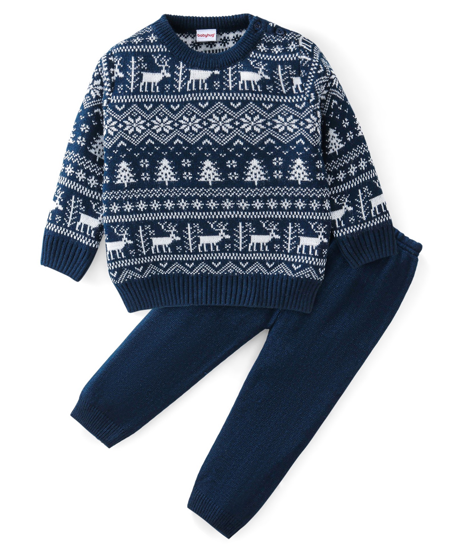 Babyhug Knitted Full Sleeves Baby Sweater Set with Snow Flakes Design - Navy Blue