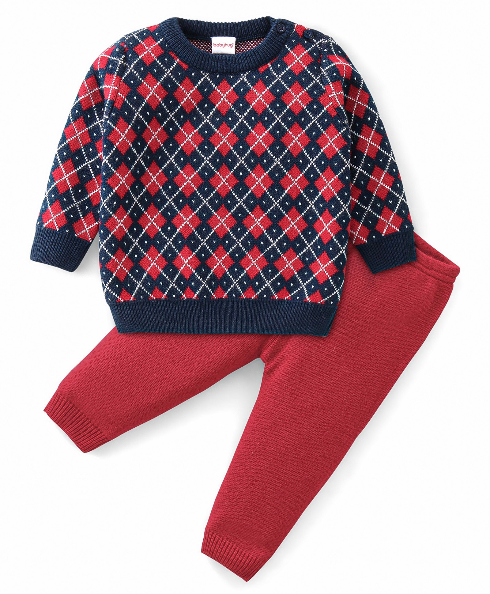 Babyhug Full Sleeves Checks Design Sweater Set - Red & Navy-image-10