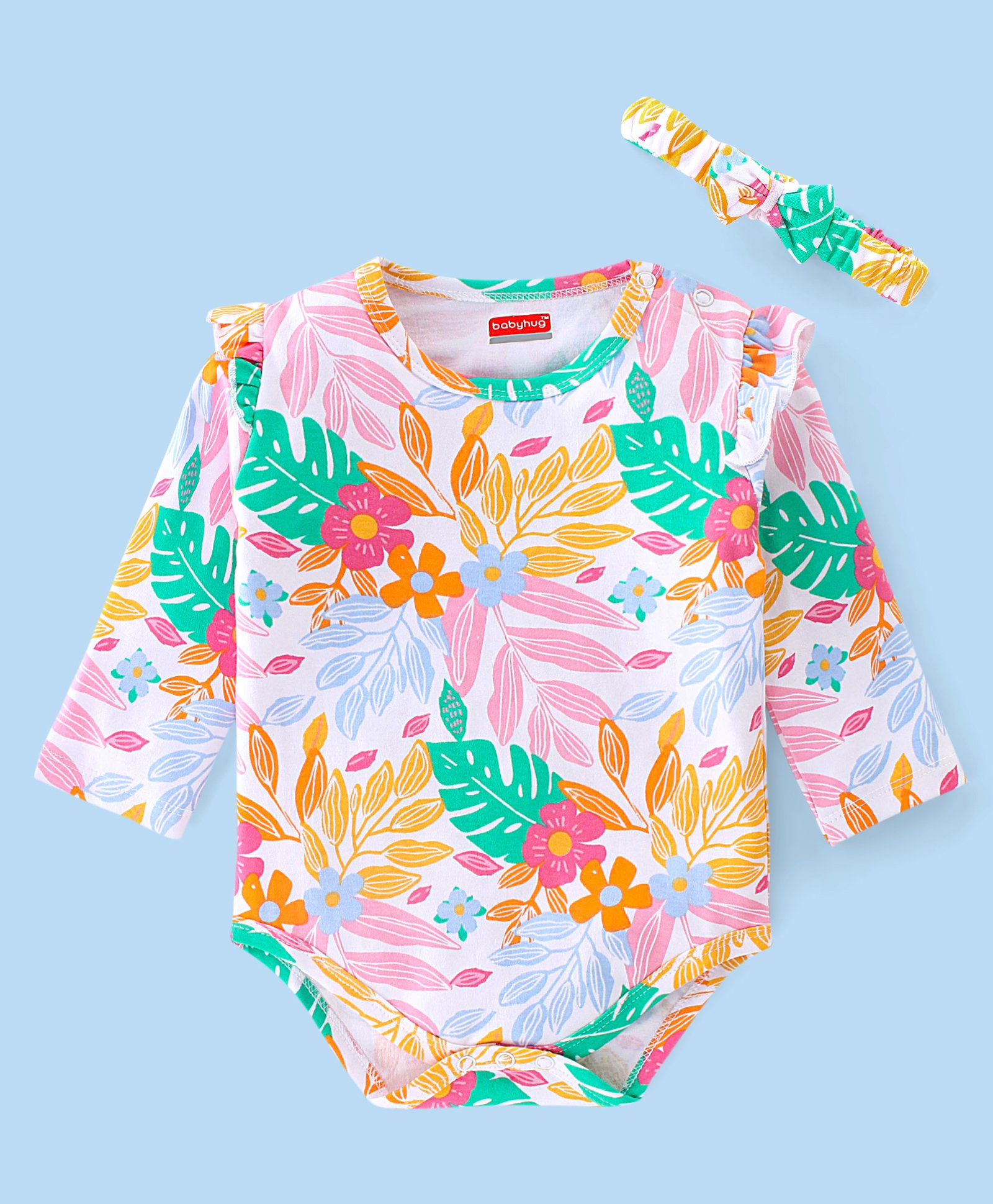 Babyhug 100% Cotton Knit Full Sleeves Onesie with Head Band Floral Print - Multicolour-picture-16