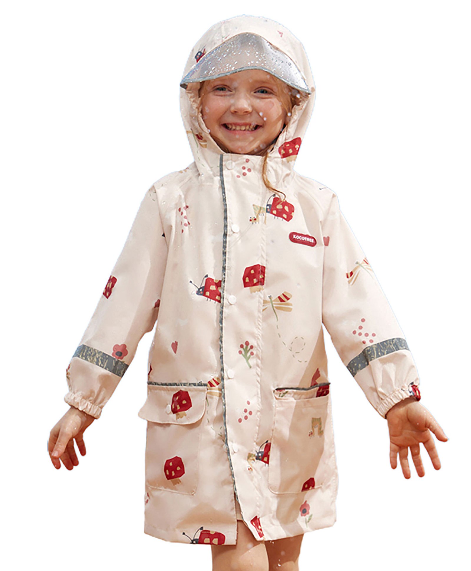 Little Surprise Box Full Sleeves Birds Printed Hooded Raincoat With School Bag Folder - Cream-picture-16