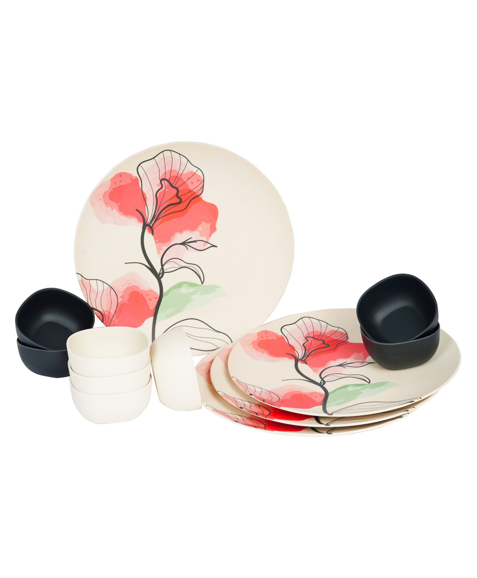 Earthism Eco Friendly Bamboo Fibre Dinner Plates 11" and Bowls 3.5" Pack of 12- Bloom Beige & Coral-picture-15