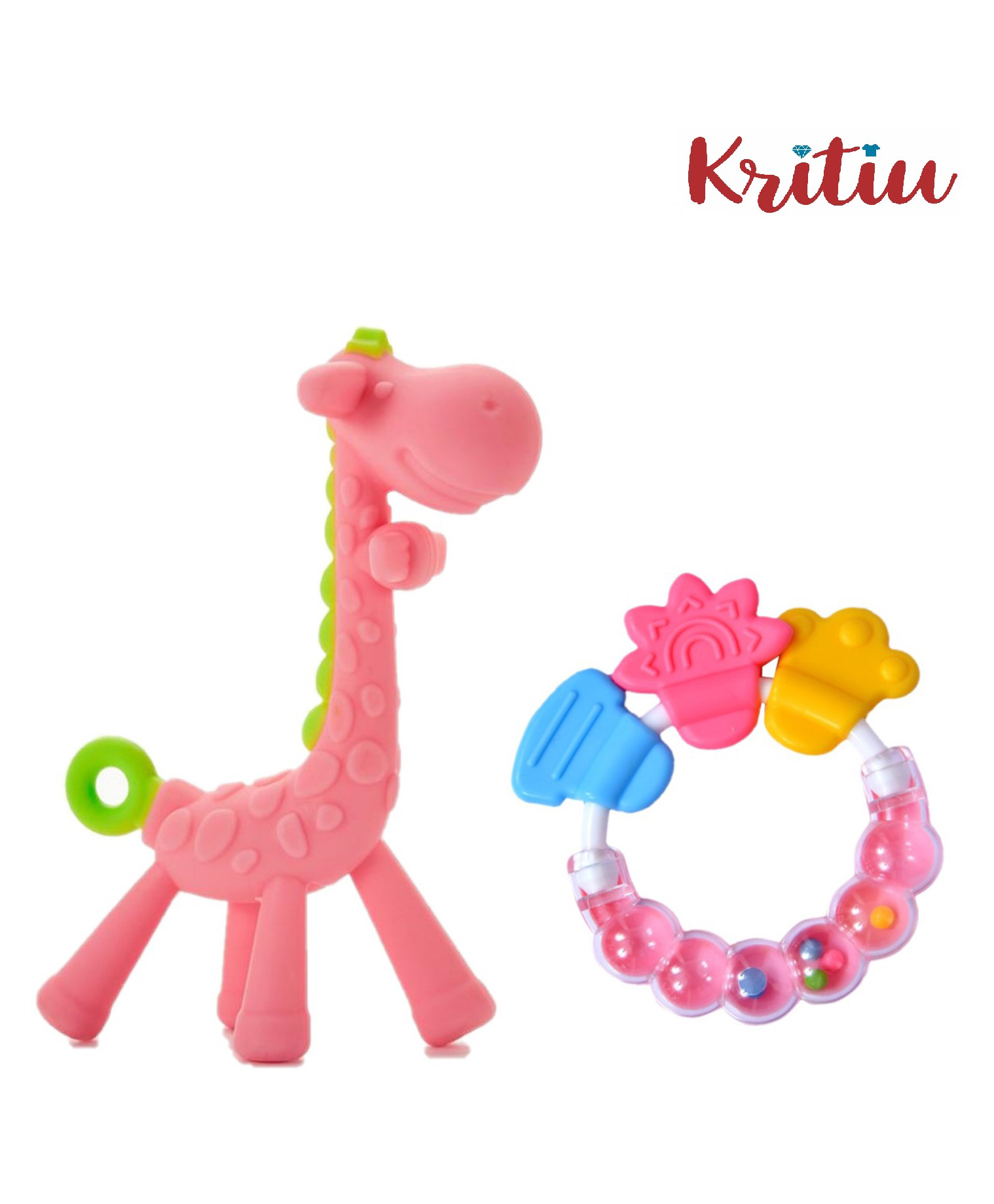 Kritiu Silicone Combo Of Giraffe Shape & Rattle Handle Teethers - Pink-image-8