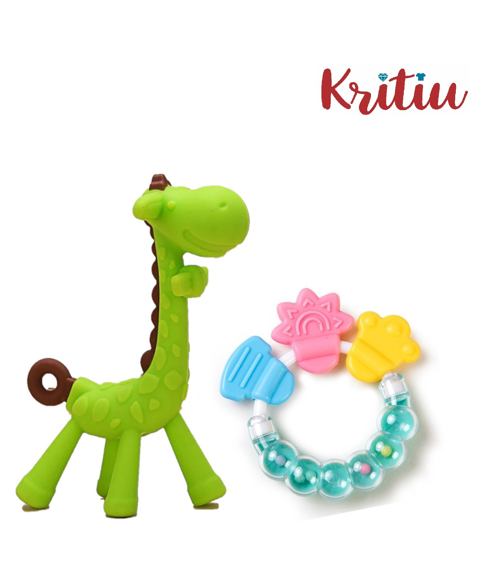 Kritiu Silicone Combo Of Giraffe Shape & Rattle Handle Teethers - Green-image-30