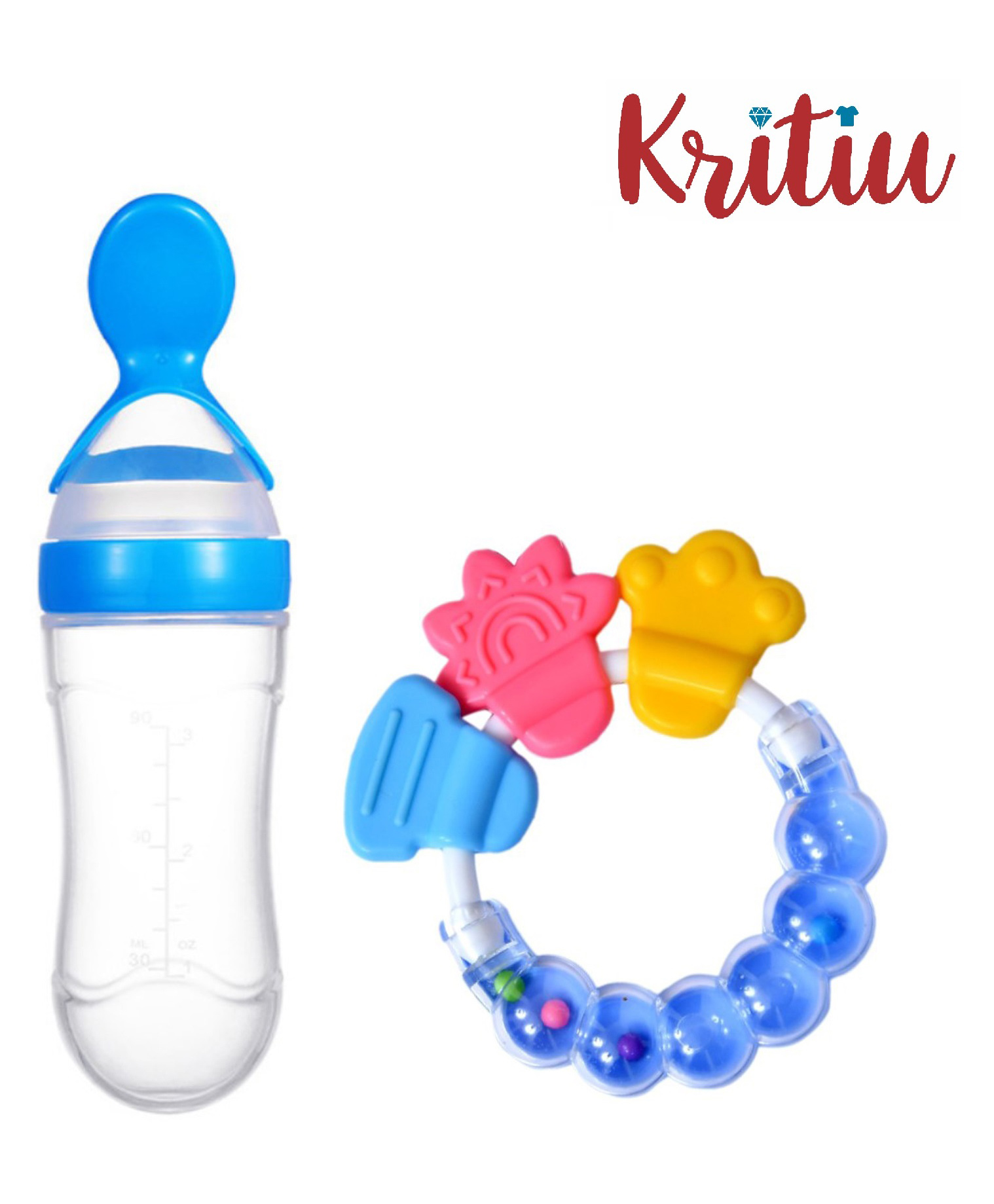 Kritiu Silicone Squeezy Food Feeder Bottle With Spoon & Rattle Teether Blue - 90 ml-picture-44